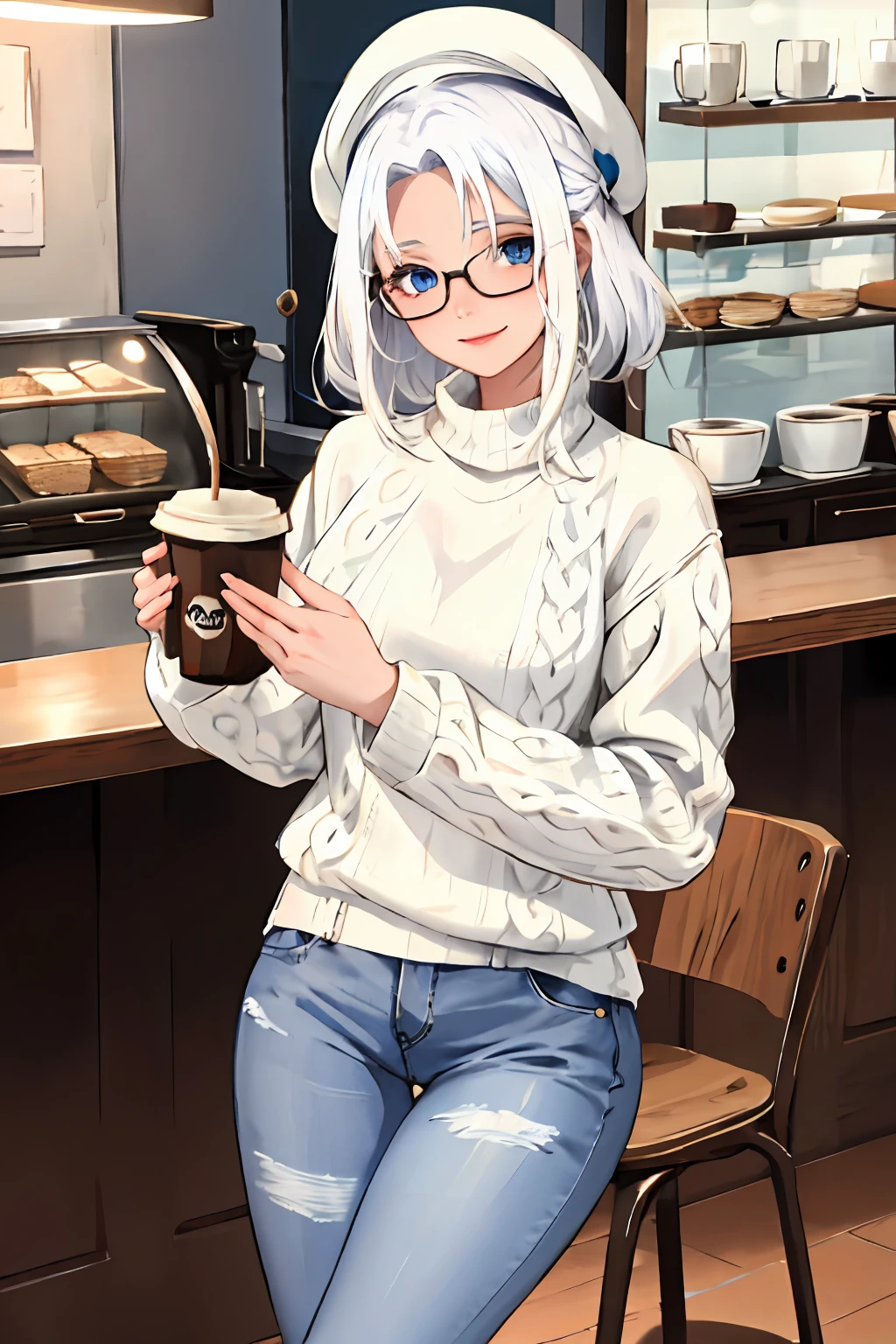 1girl, white hair, blue eyes, medium hair, beret, glasses, oversized sweater, skinny jeans, coffee shop background, smiling, chic