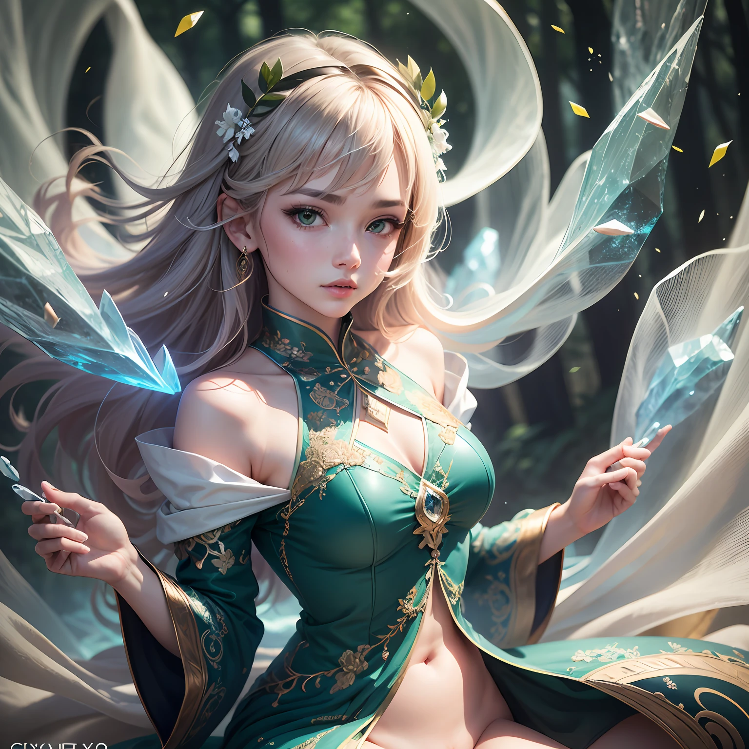 (Masterpiece, Top Quality, Best, Official Art, Beautiful and Aesthetic, Long Exposure: 1.2), Smooth Movement, Charming Patterns, 1 Girl, (Long Dress with Sleeves: 1.3), (((crystal Clothes) )), upper body close-up, bare shoulders, Chinese girl, blush, black lob hair, portrait, solo, upper body, looking at the observer, detailed background, detailed face, (crystalline, crystalline theme), rotation foliage, control foliage, emerald crystal clothing, dynamic pose, floating particles, ethereal dynamics, foliage, vapor, icy environment, forest in the background, green tint, forest, ethereal atmosphere, ((camel toe)), spread legs, (((no panties)))