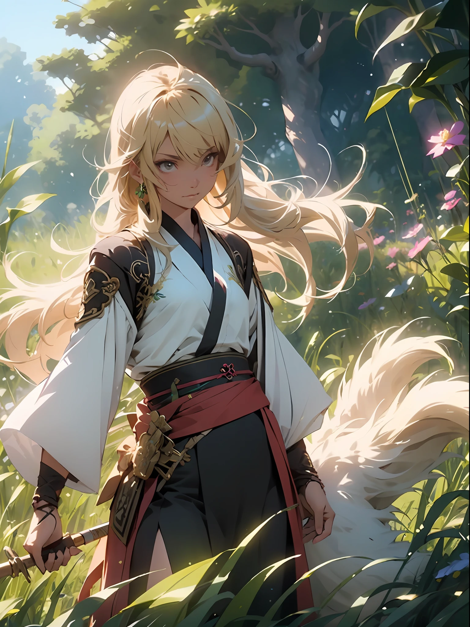 Makoto Shinkai, Dog Tail Grass, Blown Grass, Blonde Hair, Magic, Costume, Hanfu, Story Graphics, Action Pose, Octane Rendering, Intricate Details, Intricate Hair, High Quality, Masterpiece
