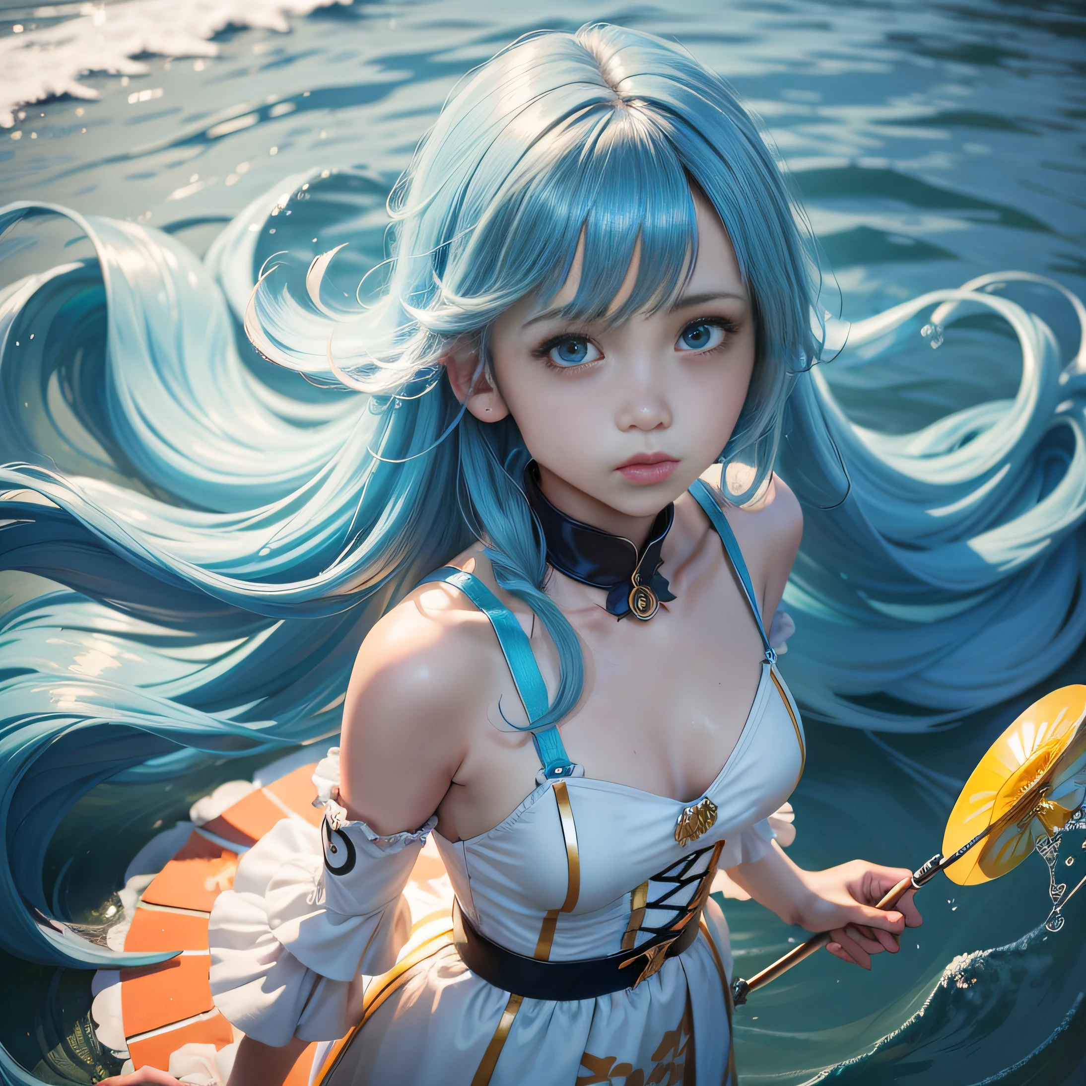 Anime girl with aqua blue hair and white dress, photorealistic anime girl rendering, render of a cute 3d anime girl, 2. 5 D CGI anime fantasy artwork, closeup fantasy with water magic, Detailed digital anime art, 3 D rendering character art 8 K, Ross Tran 8 K, anime styled 3d, Anime girl cosplay, 3 d anime realistic