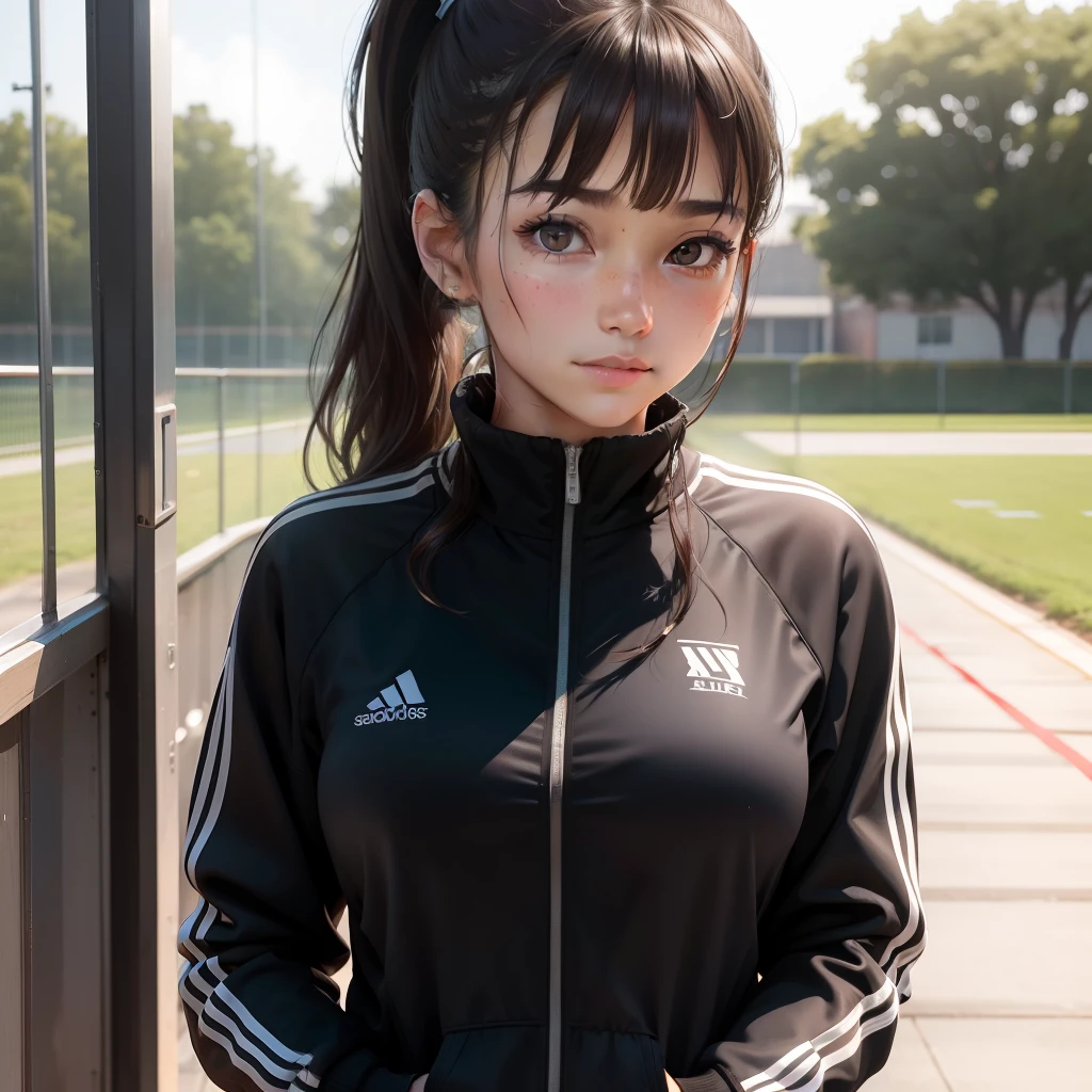 female high-school student， Delicate skin， looking at viewert， Brown eyes， Ponytail with bangs  ， ssmile， realisticlying， best qualtiy，， track suit， sweat leggs，dampness， portrait， sface focus