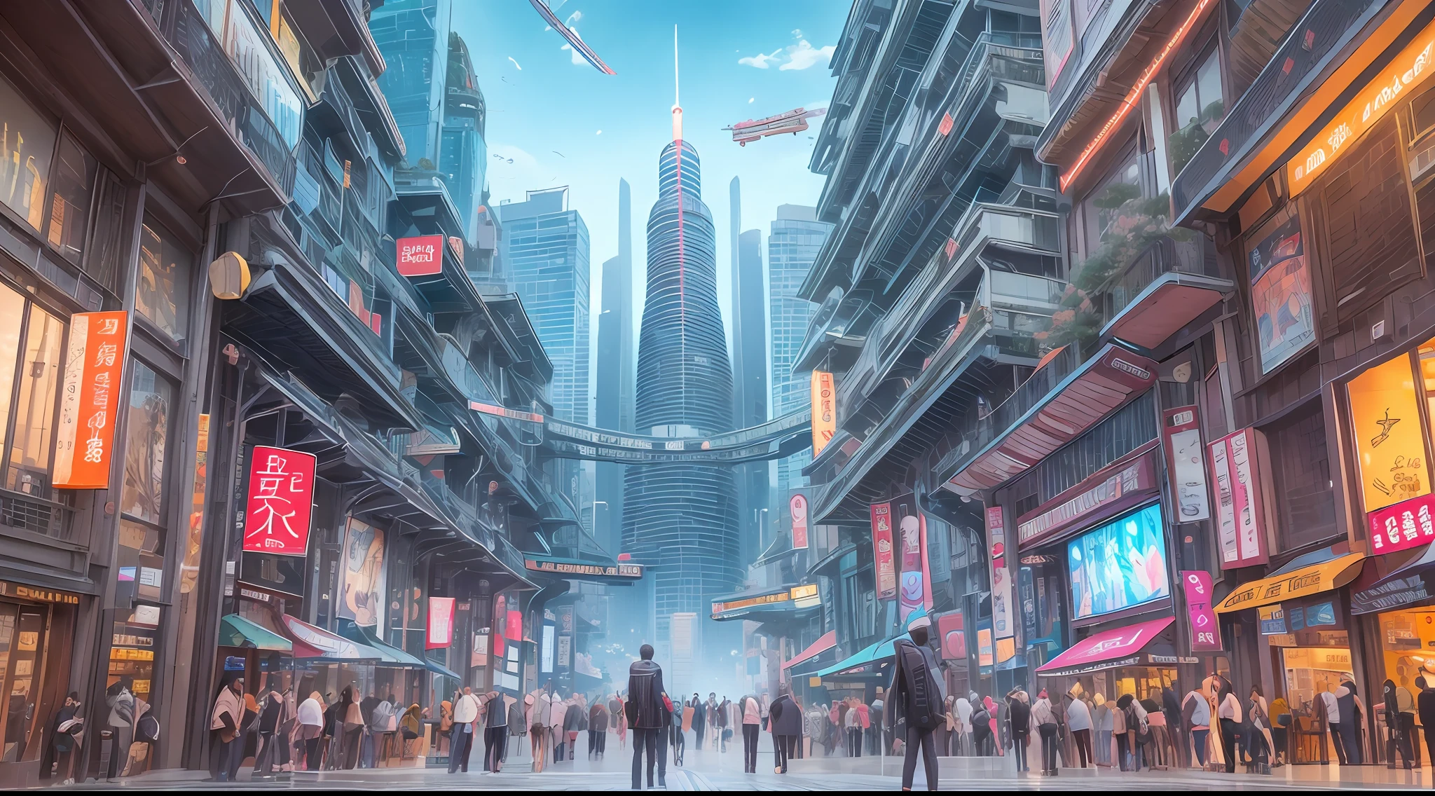 (best qualtiy:1.2),Several people stood in front of the store,((droid,robot)),Beautiful cyberpunk art,pixiv trending,Dreamy realism,Guweiz e Makoto Shinkai,Chongqing,Mimi Sagi and Makoto Shinkai,Ross Tran和Makoto Shinkai,Guweiz-style artwork,Works of art of the future、Magnificent Chinese-style architecture、Simple mall,A simple skyscraper in the distance