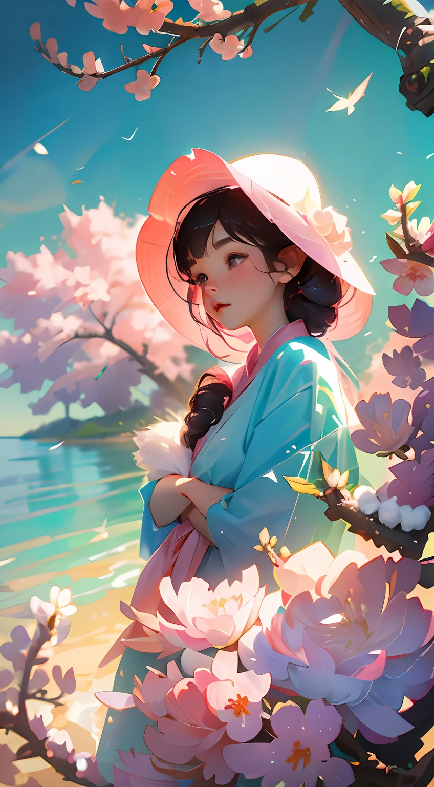 Pink cherry blossoms fall in the wind,No figure Landscape photo No figure A little more cherry blossoms A little smaller characters