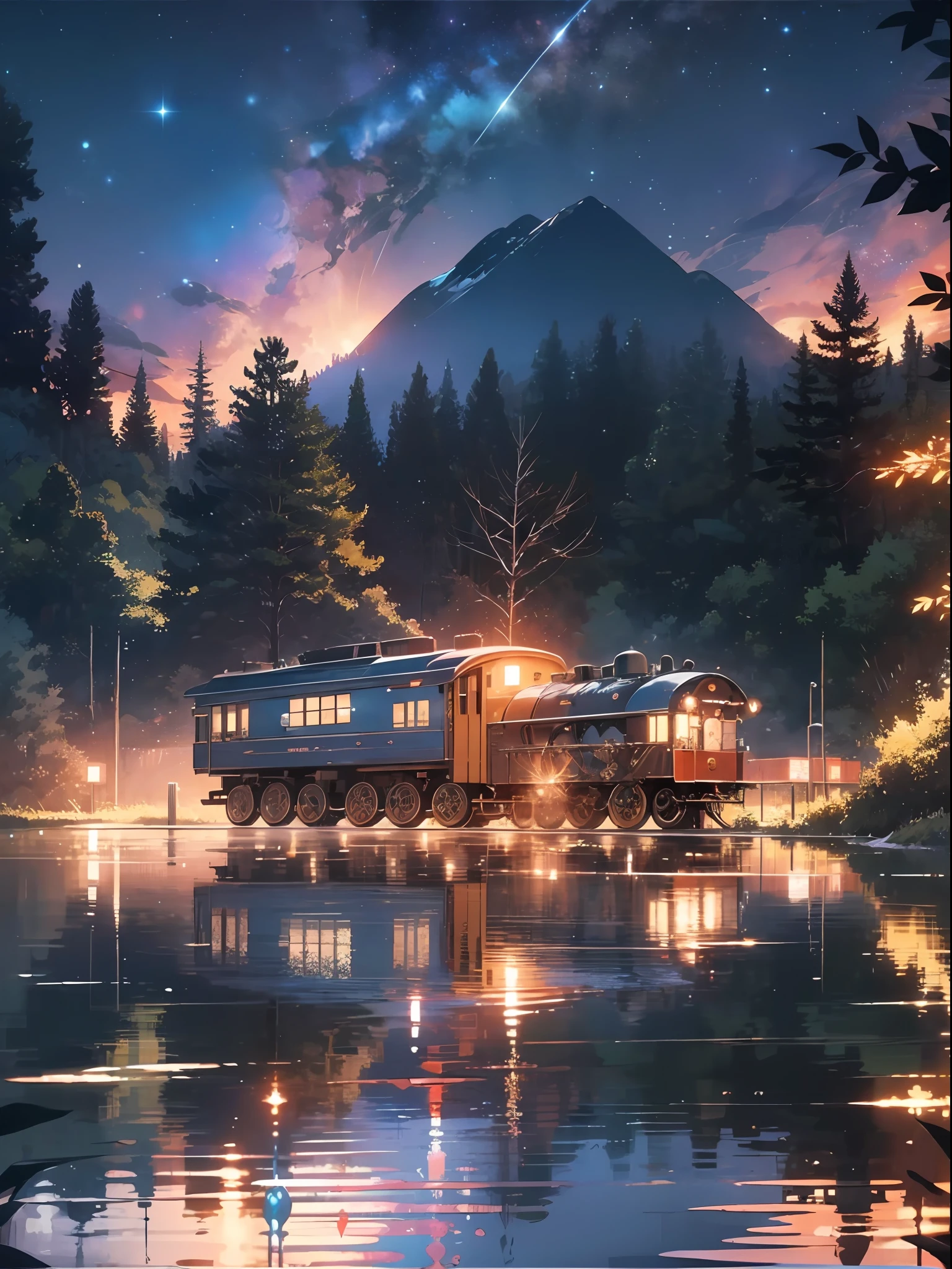 Reflection on the surface of the lake, standing on the surface of the lake, reflection, magic, perfect face, glowing eyes of the starry sky, night, secluded forest, pastel tones, story graphics, octane rendering, Makoto Shinkai, moving steam train