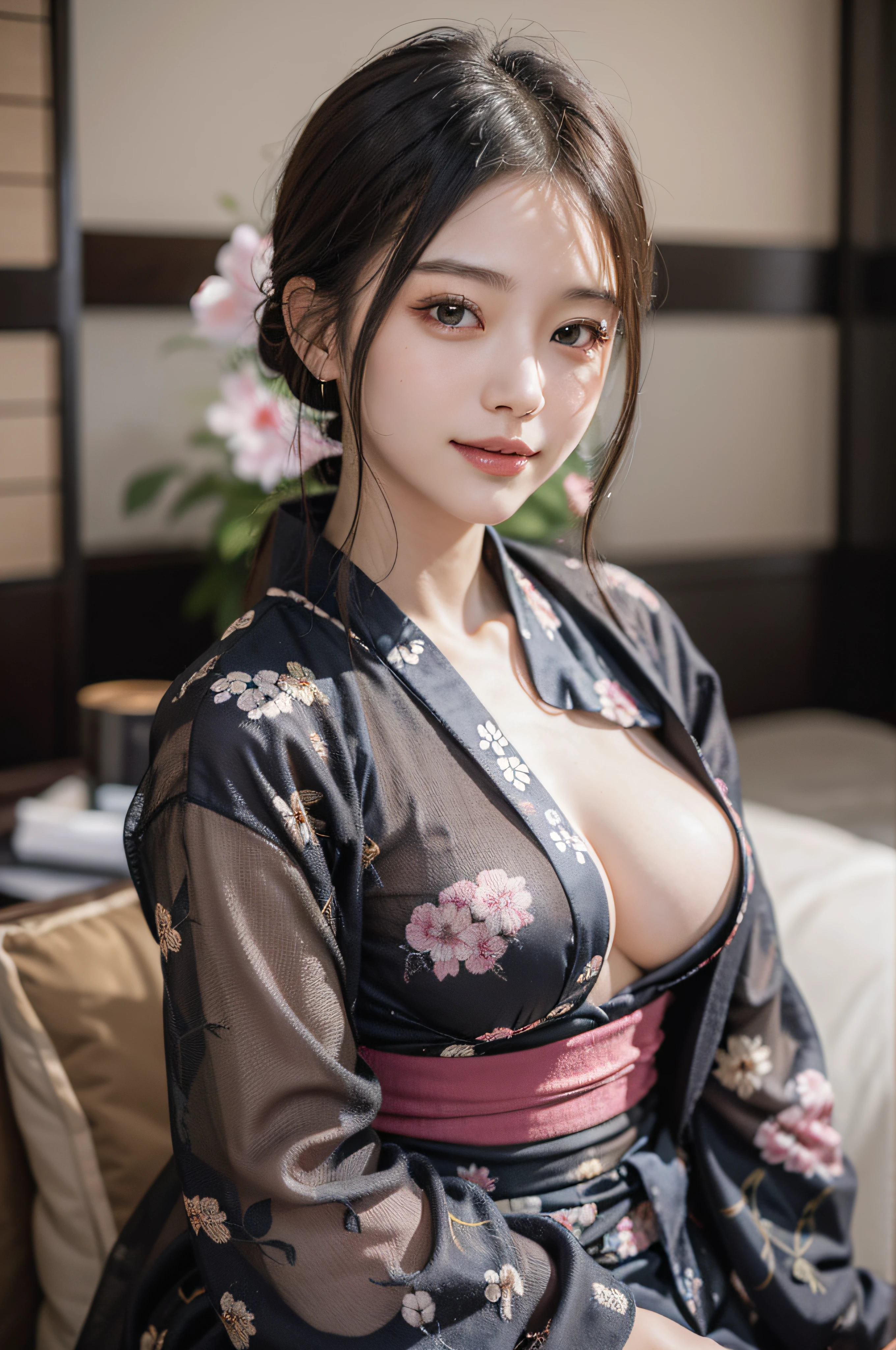 (Photorealsitic:1.4), (Top image quality:1.0), (超A high resolution:1.0), 8K, Raw photography, (​masterpiece:0.2), (pureerosface_v1:0.5)、(Best Quality Detail:1.2)、realisitic、8K UHD、hight resolution、(1girl in:1.2)、The ultra-detailliert、High quality textures、intricate detailes、detaileds、Very detailed CG、High quality shadows、Detail Beautiful delicate face、Detail Beautiful delicate eyes、depth of fields、Ray traching,1girl in, japanaese girl, Cute, slender, Black kimono, Kimono with Japanese pattern,Floral scrunchie, Beautiful skin, Facing the front,Sit down, Sit upright and say thank you,Align your hands elegantly,Smile faintly The Land of Japan,Japanese garden,Luxury Japanese-style room, skyporn, Magic Hour, (Realistic:1.3), Finely detailed, quality, (masutepiece:1.2), (Photorealistic:1.2), (Best Quality), (Intricate details), Dramatic, Ray tracing, photograph, +Lola