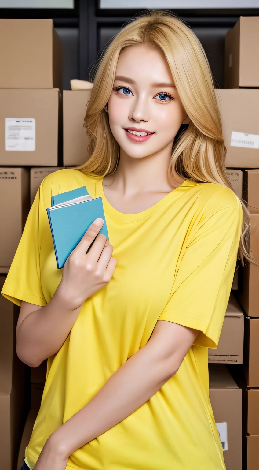 Best quality, 8K, masterpiece 1:2. A beautiful girl with yellow Tshirt "BeeVN", jeans (Alluring figure), blonde hair, ocean blue eyes, high nose, luscious red lips, and a captivating smile. holding documents. many boxes and documents. Post office. ultra-detailed face, detailed lips, detailed eyes