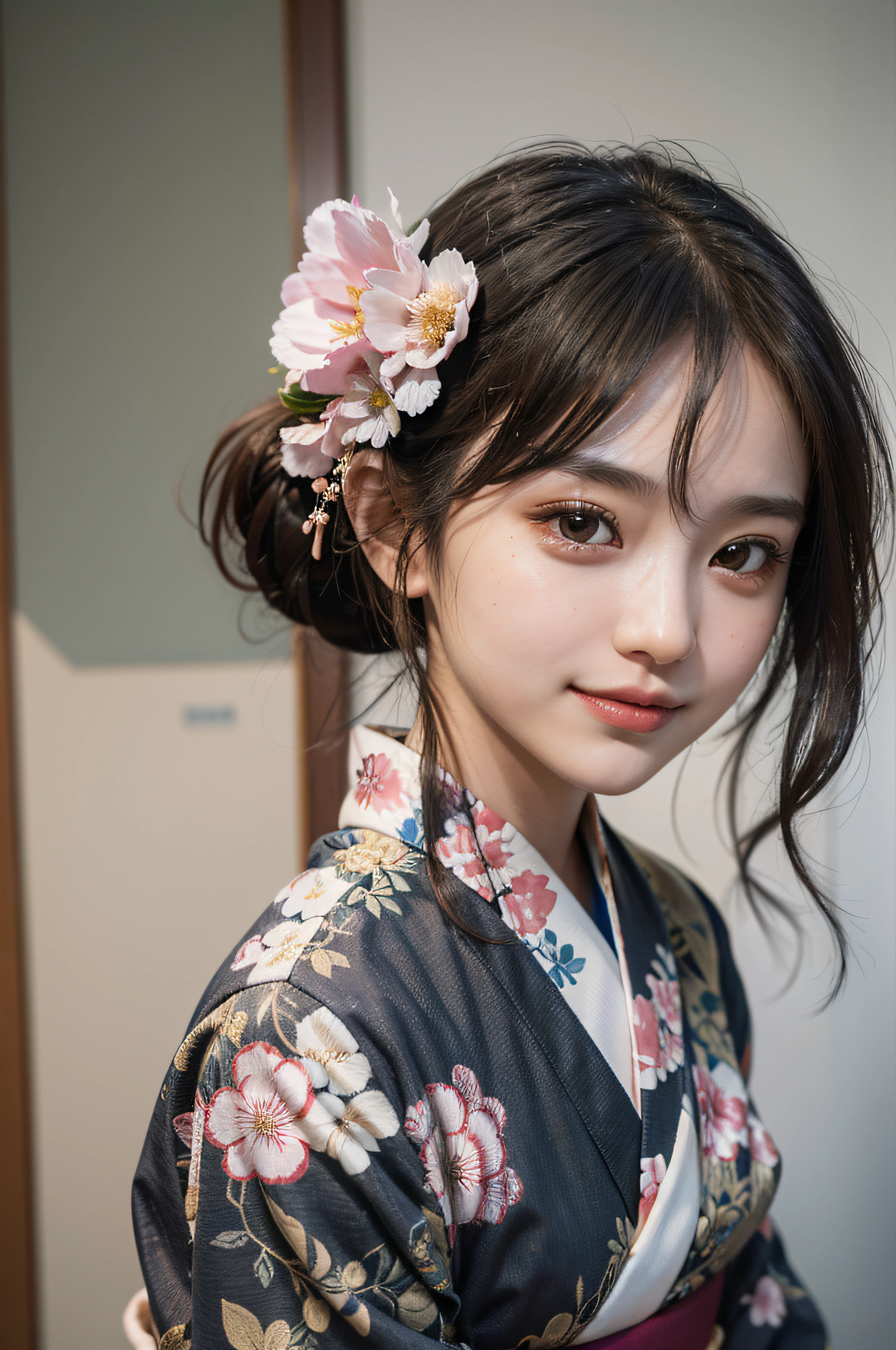 (Photorealsitic:1.4), (Top image quality:1.0), (超A high resolution:1.0), 8K, Raw photography, (masterpiece:0.2), (pureerosface_v1:0.5)、(Best Quality Detail:1.2)、realisitic、8K UHD、hight resolution、(1girl in:1.2)、The ultra-detailliert、High quality textures、intricate detailes、detaileds、Very detailed CG、High quality shadows、Detail Beautiful delicate face、Detail Beautiful delicate eyes、depth of fields、Ray traching,1girl in, japanaese girl, Cute, slender, Black kimono, Kimono with Japanese pattern,Floral scrunchie, Beautiful skin, Facing the front,Sit down, Sit upright and say thank you,Align your hands elegantly,Smile faintly The Land of Japan,Japanese garden,Luxury Japanese-style room, skyporn, Magic Hour, (Realistic:1.3), Finely detailed, quality, (masutepiece:1.2), (Photorealistic:1.2), (Best Quality), (Intricate details), Dramatic, Ray tracing, photograph, +Lola