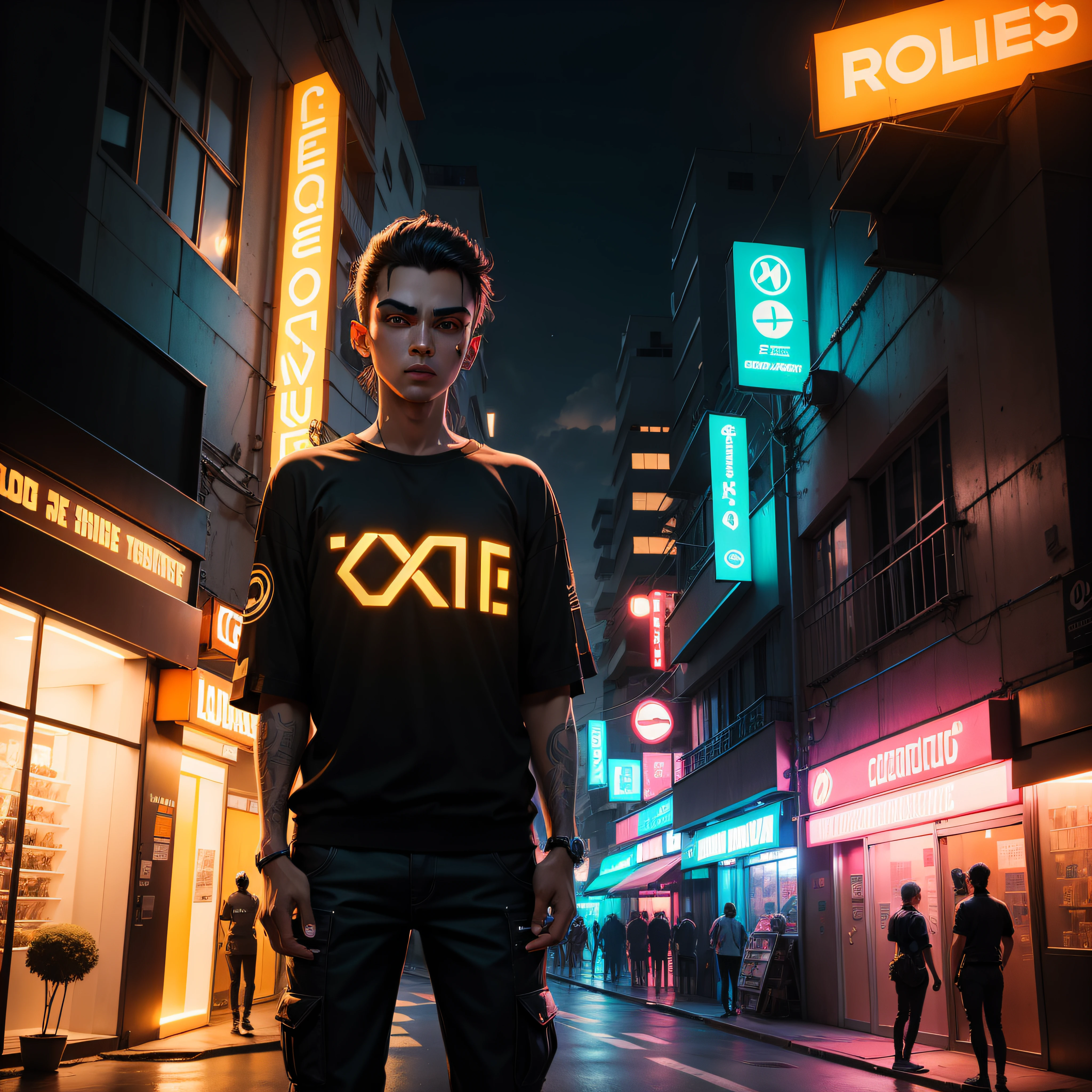 Homem ciborgue futurista, CIDADE FUTURISTA, Noite, Carros perfeitos em segundo plano,Perfect cars without deformation, Building, Orange neon lights, black neon lights, detalhes laranja nas roupas, brilha em forma de seta laranja para cima, looking at the camera,8k, alta qualidade, neon up arrow signs on buildings, design de camisetas, mesclagem, mascara