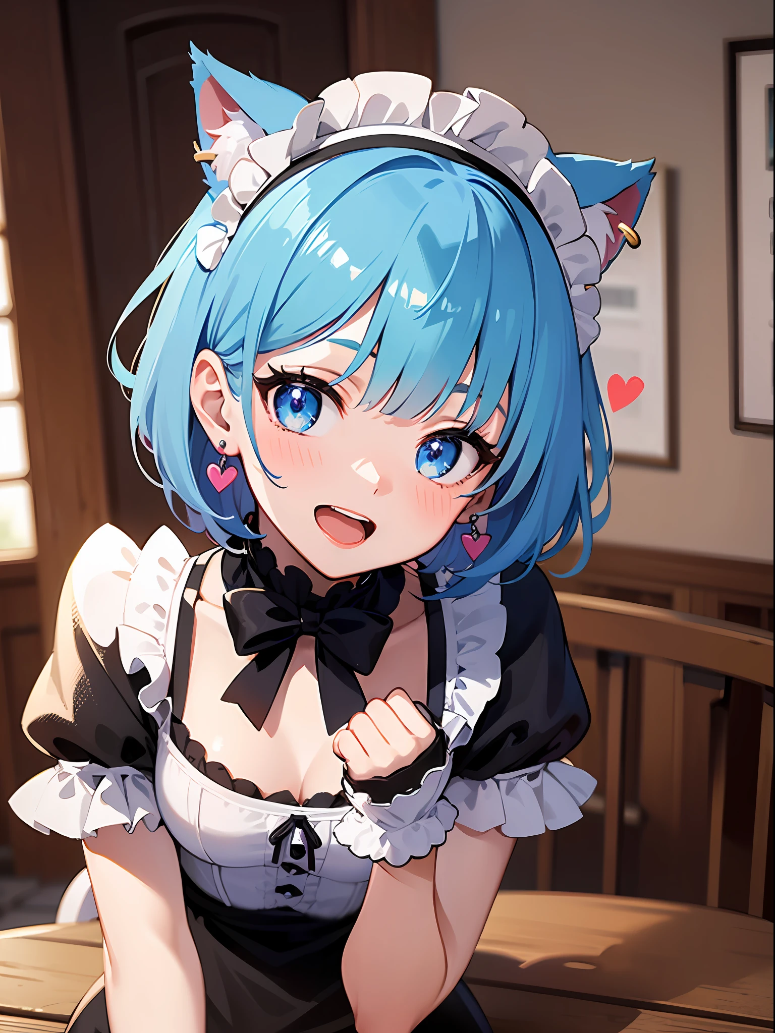 (masterpiece:1.3), (best quality:1.3), high resolution, 


couboy shot, 
leaning forward, body facing forward, 

(one cute girl:1.3), solo, 
white skin, small Breast, eight-headed person, 
light blue hair, (bobbed hair:1.2), (short hair:1.2), (blunt bangs:1.2), beautiful hair, blue eyes, beautiful detailed eyes, 

blush, open mouth, heart, cheerful smile, 

maid, cat ears, frill, earrings, 

indoors, castle of the demon king, 

shadowlighting,
