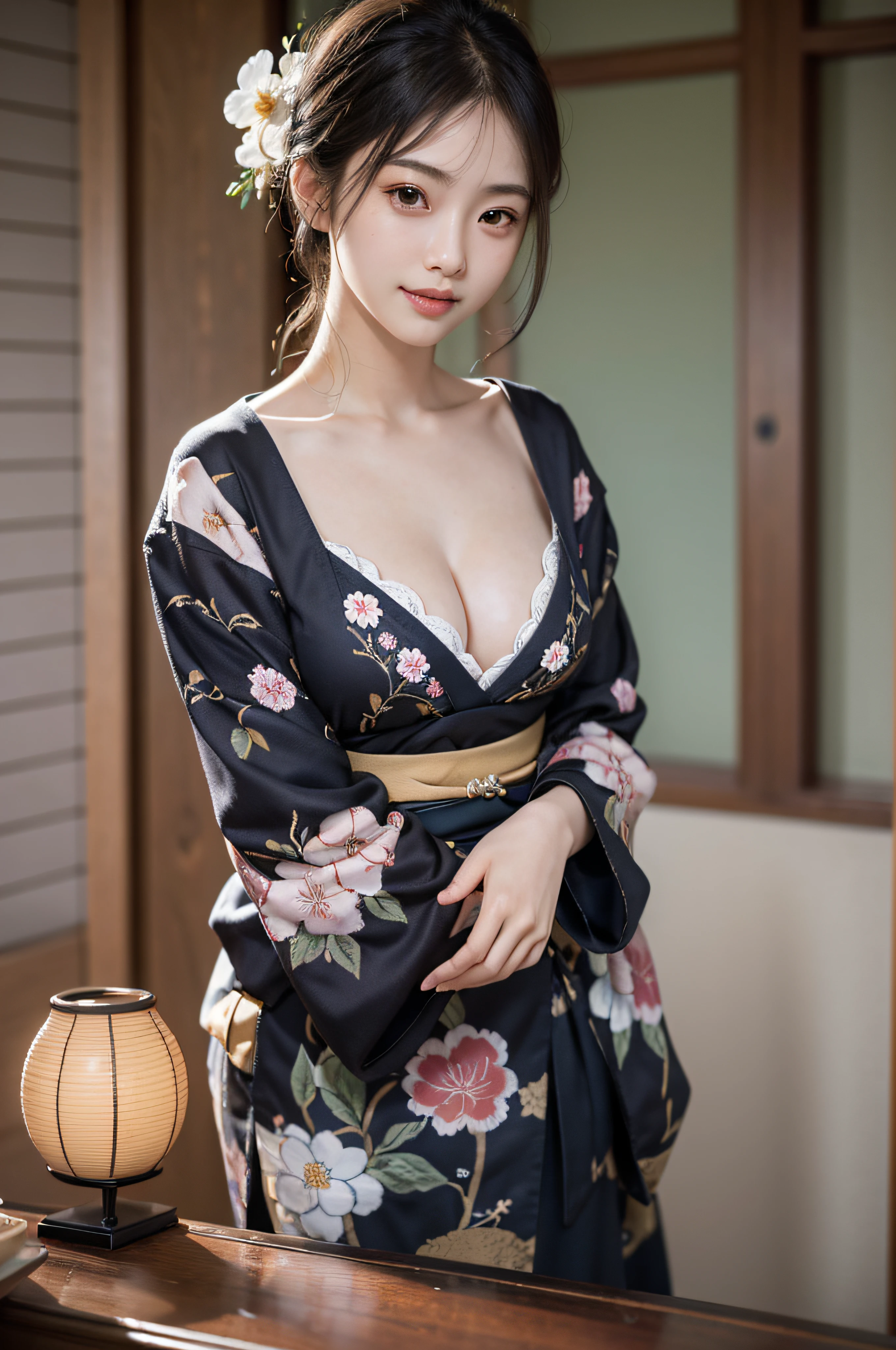 (Photorealsitic:1.4), (Top image quality:1.0), (超A high resolution:1.0), 8K, Raw photography, (masterpiece:0.2), (pureerosface_v1:0.5)、(Best Quality Detail:1.2)、realisitic、8K UHD、hight resolution、(1girl in:1.2)、The ultra-detailliert、High quality textures、intricate detailes、detaileds、Very detailed CG、High quality shadows、Detail Beautiful delicate face、Detail Beautiful delicate eyes、depth of fields、Ray traching,1girl in, japanaese girl, Cute, slender, Black kimono, Kimono with Japanese pattern,Floral scrunchie, Beautiful skin, Facing the front,Sit down, Sit upright and say thank you,Align your hands elegantly,Smile faintly The Land of Japan,Japanese garden,Luxury Japanese-style room, skyporn, Magic Hour, (Realistic:1.3), Finely detailed, quality, (masutepiece:1.2), (Photorealistic:1.2), (Best Quality), (Intricate details), Dramatic, Ray tracing, photograph, +Lola