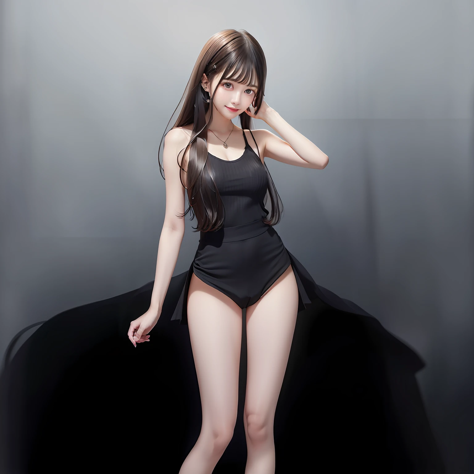 (RAW Photos: 1.2), (Photorealistic: 1.4), (Masterpieces: 1.3), (Best Quality: 1.4), Dreamy, (Detailed Eyes), (Detailed Facial Features), (Detailed Clothing Features), Skin Tension, (Glossy Skin),(Slender Girl),(Slim Girl),1girl,((Full Body)),Solo,Cute,Innocent,Smile,VirtualGirl-Aim , (Medium breasts), Bangs, Straight hair, Long hair, Black hair, Black eyes, crystal pendant, gray sweater, hip skirt, high heels,