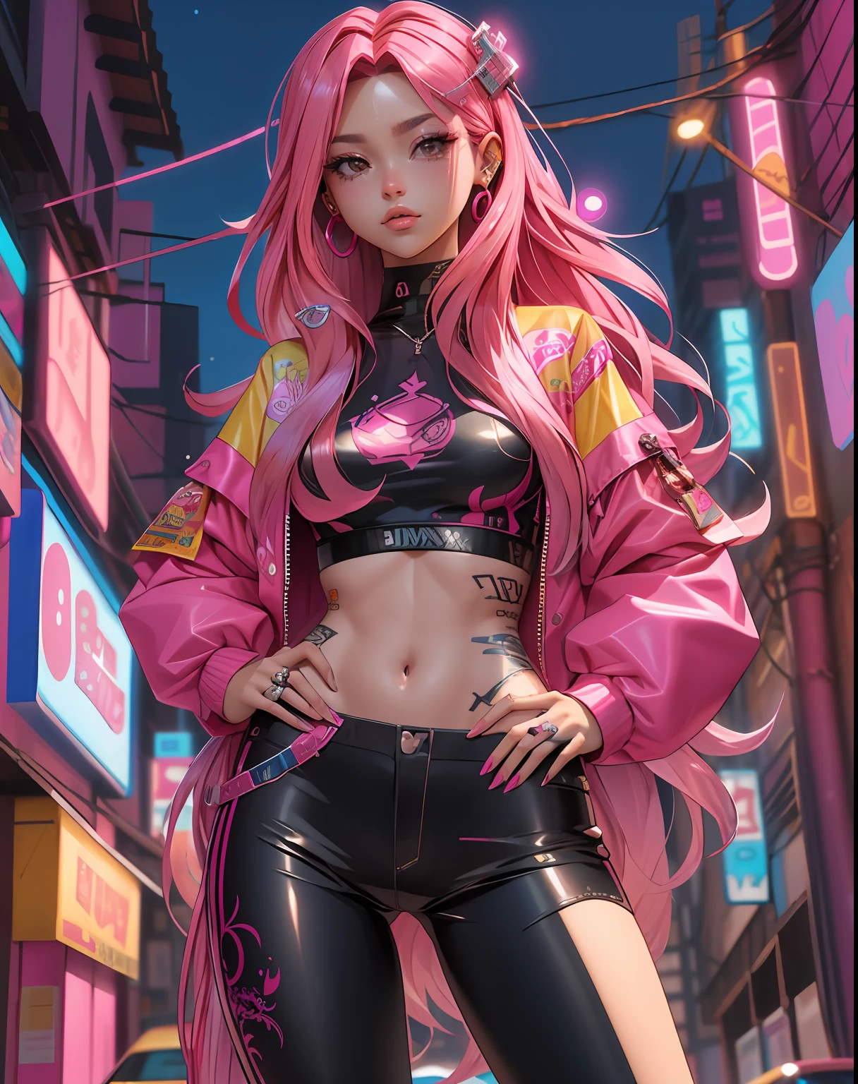melhor qualidade, cyber sttyle girl, 1girl, solo, long and messy pink hair, dragon tattoo, fundo desfocado,