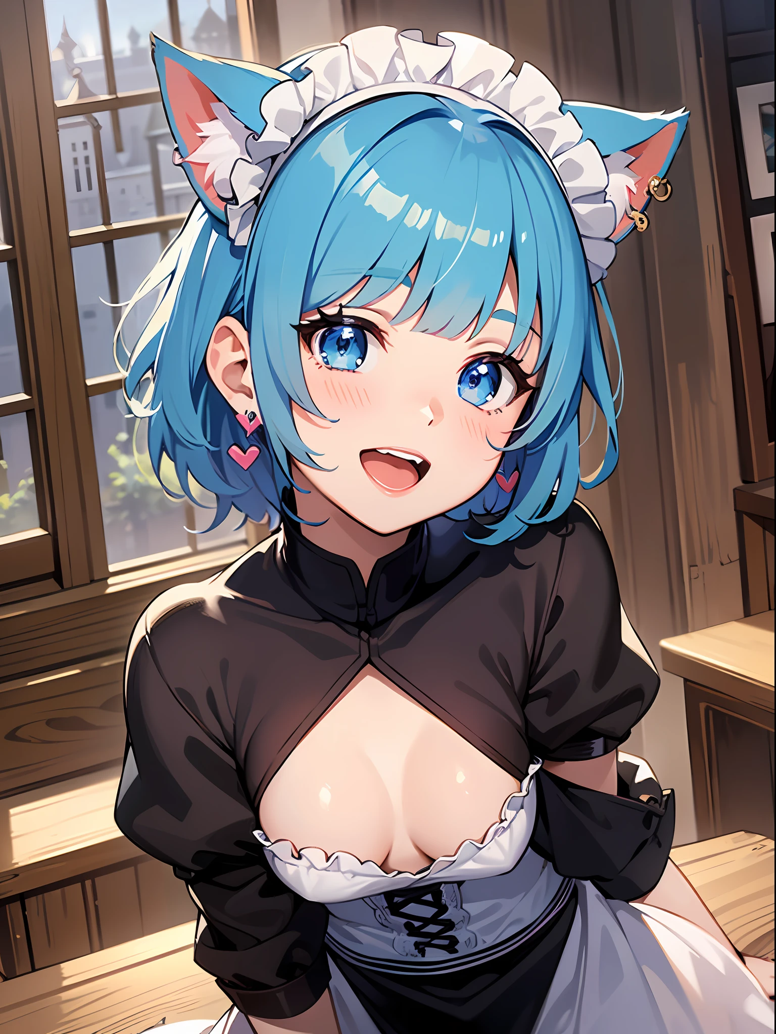 (masterpiece:1.3), (best quality:1.3), high resolution,
couboy shot,
leaning forward, body facing forward,
(one cute girl:1.3), solo,
white skin, small Breast, eight-headed person,
light blue hair, (bobbed hair:1.2), (short hair:1.2), (blunt bangs:1.2), beautiful hair, blue eyes, beautiful detailed eyes,
blush, open mouth, heart, cheerful smile,
maid, cat ears, frill, earrings,
indoors, castle of the demon king,
shadowlighting,