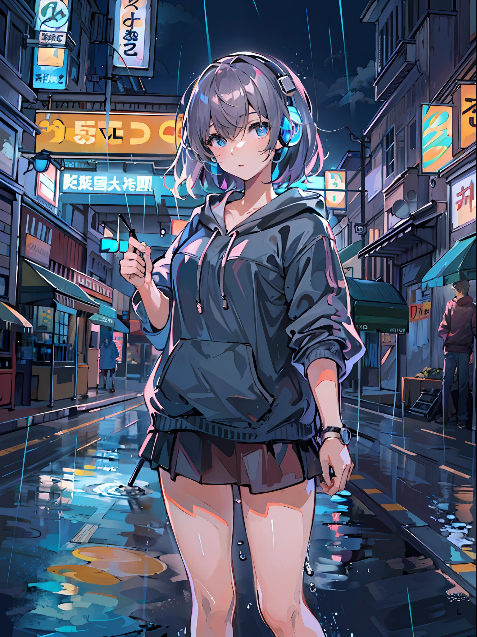 8K分辨率、((top-quality))、((masterpiece))、((ultra-detailliert))、1 woman、独奏、incredibly absurdness、Oversized hoodies、headphones、Street、plein air、Rain at night、neons、Shortcut Hair、Brightly colored eyes、Hands in pockets、a miniskirt、water dripping