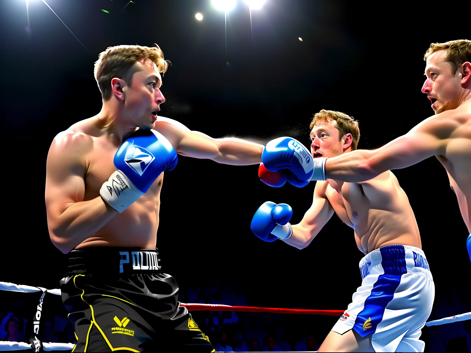 Vista de primer plano media, Foto detallada de Elon Musk y Mark Zuckerberg en un ring de boxeo, Tiro a nivel completo, Cara detallada, Foto realista, Hay un plato de samosas en la mesa, Dos hombres, Dos hombres sentados juntos a la mesa, Elon Musk y Mark Zuckerberg boxeando, 8K resolution,