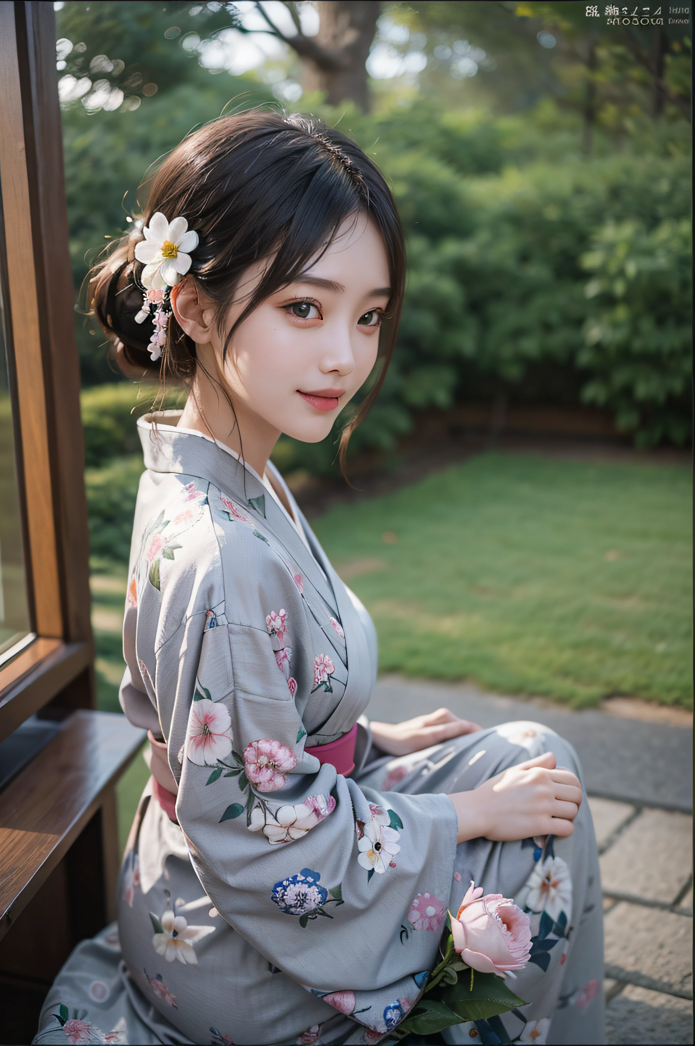(Photorealsitic:1.4), (Top image quality:1.0), (超A high resolution:1.0), 8K, Raw photography, (​masterpiece:0.2), (pureerosface_v1:0.5)、(Best Quality Detail:1.2)、realisitic、8K UHD、hight resolution、(1girl in:1.2)、The ultra-detailliert、High quality textures、intricate detailes、detaileds、Very detailed CG、High quality shadows、Detail Beautiful delicate face、Detail Beautiful delicate eyes、depth of fields、Ray traching,1girl in, japanaese girl, Cute, slender, Black kimono, Kimono with Japanese pattern,Floral scrunchie, Beautiful skin, Facing the front,Sit down, Sit upright and say thank you,Align your hands elegantly,Smile faintly The Land of Japan,Japanese garden,Luxury Japanese-style room, skyporn, Magic Hour, (Realistic:1.3), Finely detailed, quality, (masutepiece:1.2), (Photorealistic:1.2), (Best Quality), (Intricate details), Dramatic, Ray tracing, photograph, +Lola