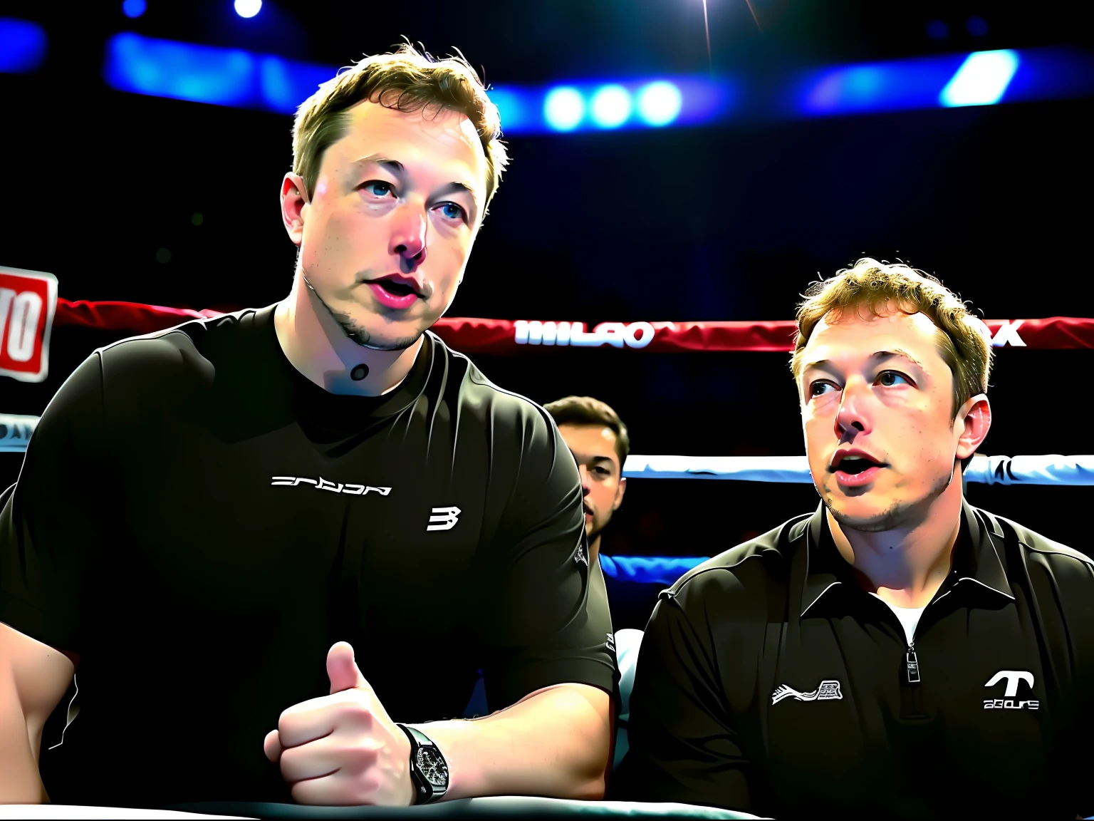 Vista de primer plano media, Foto detallada de Elon Musk y Mark Zuckerberg en un ring de boxeo, Tiro a nivel completo, Cara detallada, Foto realista, Hay un plato de samosas en la mesa, Dos hombres, Dos hombres sentados juntos a la mesa, Elon Musk y Mark Zuckerberg boxeando, 8K resolution,