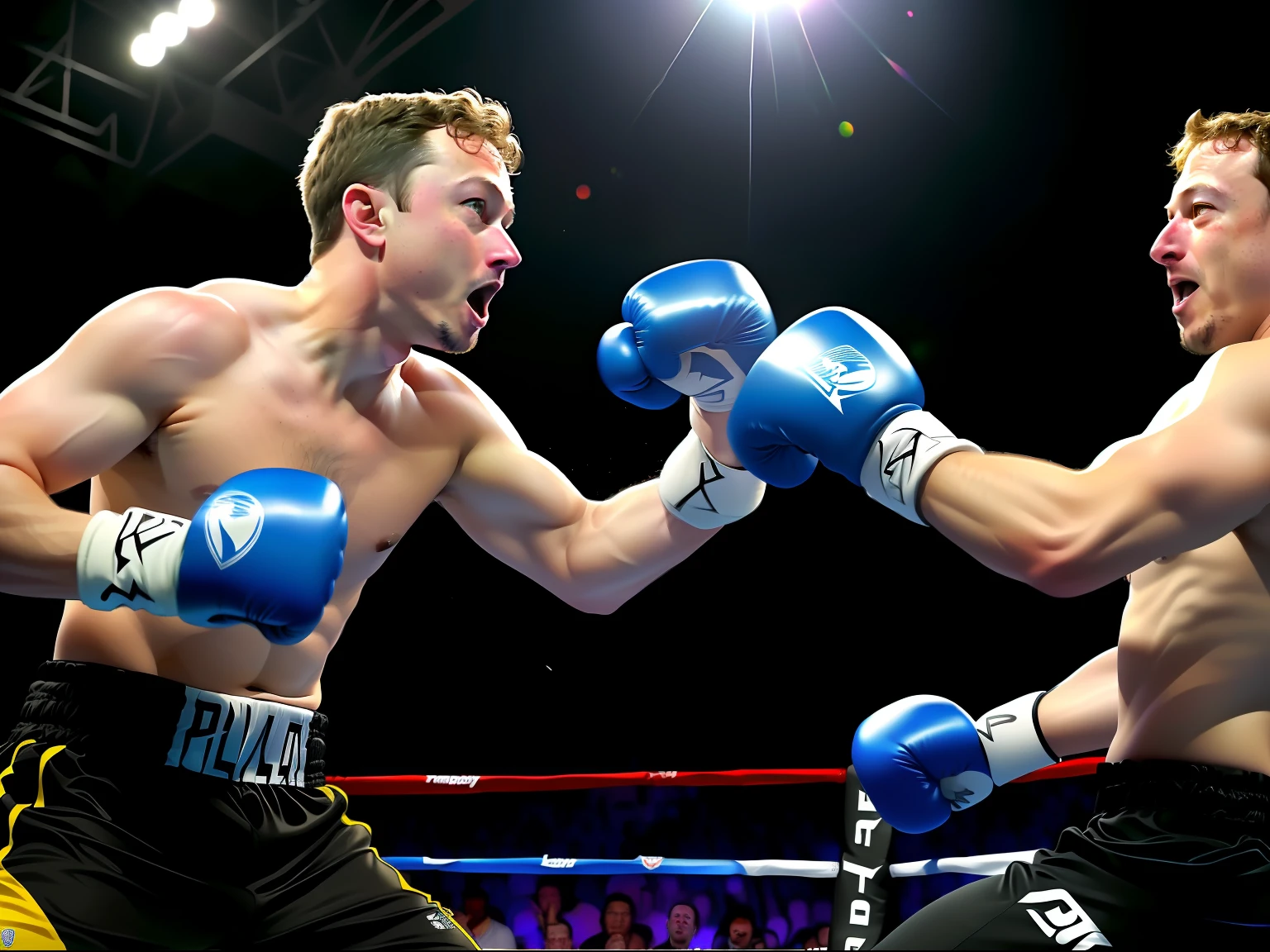 Vista de primer plano media, Foto detallada de Elon Musk y Mark Zuckerberg en un ring de boxeo, Tiro a nivel completo, Cara detallada, Foto realista, Hay un plato de samosas en la mesa, Dos hombres, Dos hombres sentados juntos a la mesa, Elon Musk y Mark Zuckerberg boxeando, 8K resolution,