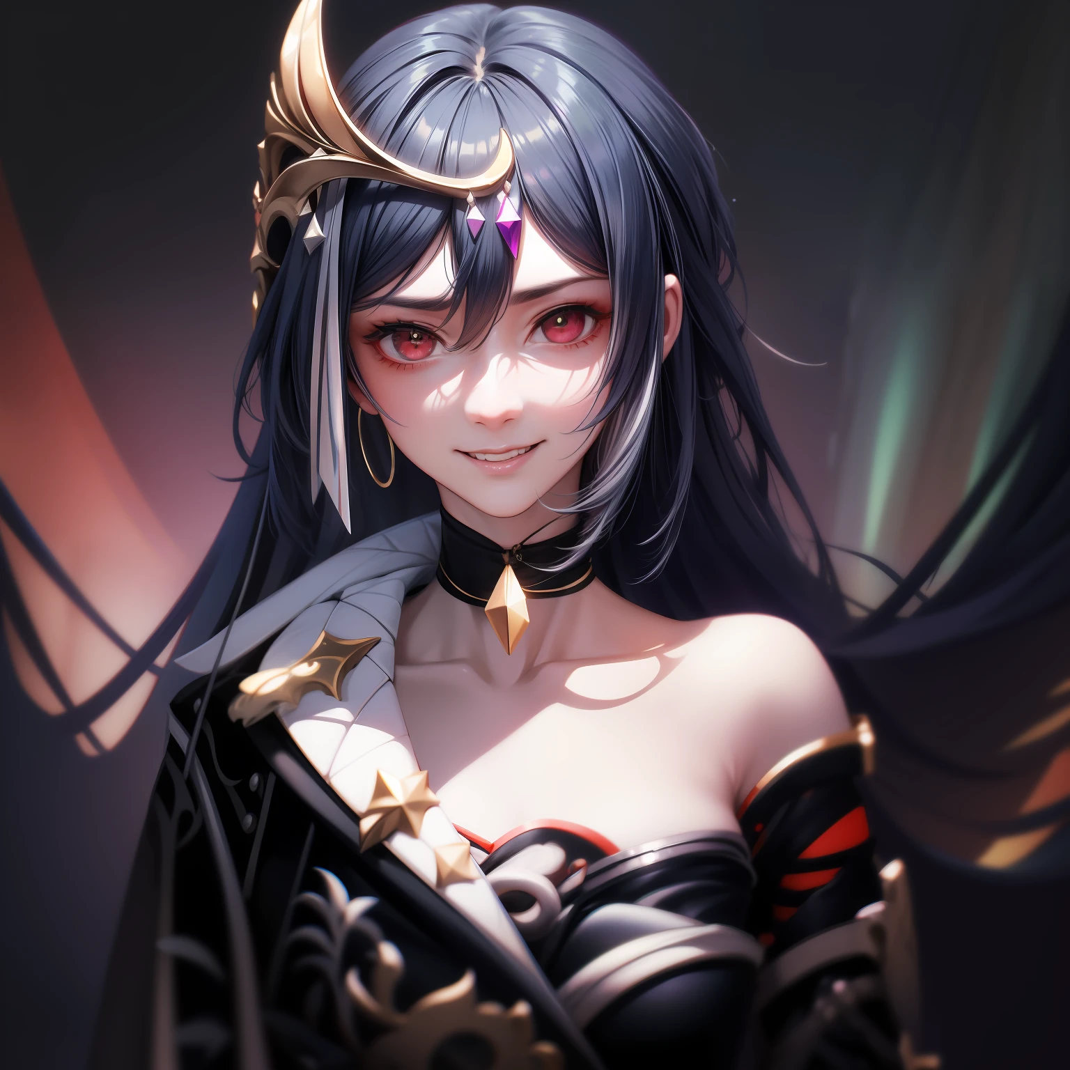 Best quality, Masterpiece, Ultra-detailed, Beautiful, A high resolution, Original,photorealestic,realisticlying, absurderes, Felt, 1girll, Solo, Long_Hair, Looking_at_peeping at the viewer, Smile,A bit obsessive-compulsive, bangs, Nero_Hair, Hair_decorations, Red_Eyes, Hair_between_Eyes, Chinese_clothes, uneven_Sleeves, :D, Simple background, White background, mitts, asymmetrical_Sleeves, Fingerless gloves, High quality, full body detailing, Golden ratio, RAW photo (Short straight black hair) (pale 20-year-old woman, short,head straight-looking at viewer, full bodyesbian, Perfect face, Amazing eyes, Vivid details, (skin with many details), (Dark), aurora, (Backlight: 0.5), Depth of field, Canon 5D, 50mm lens, f/4 aperture, (Super detail), Sharp focus, pastelcolor, 8K, consciousness, 8mm film food, War photography