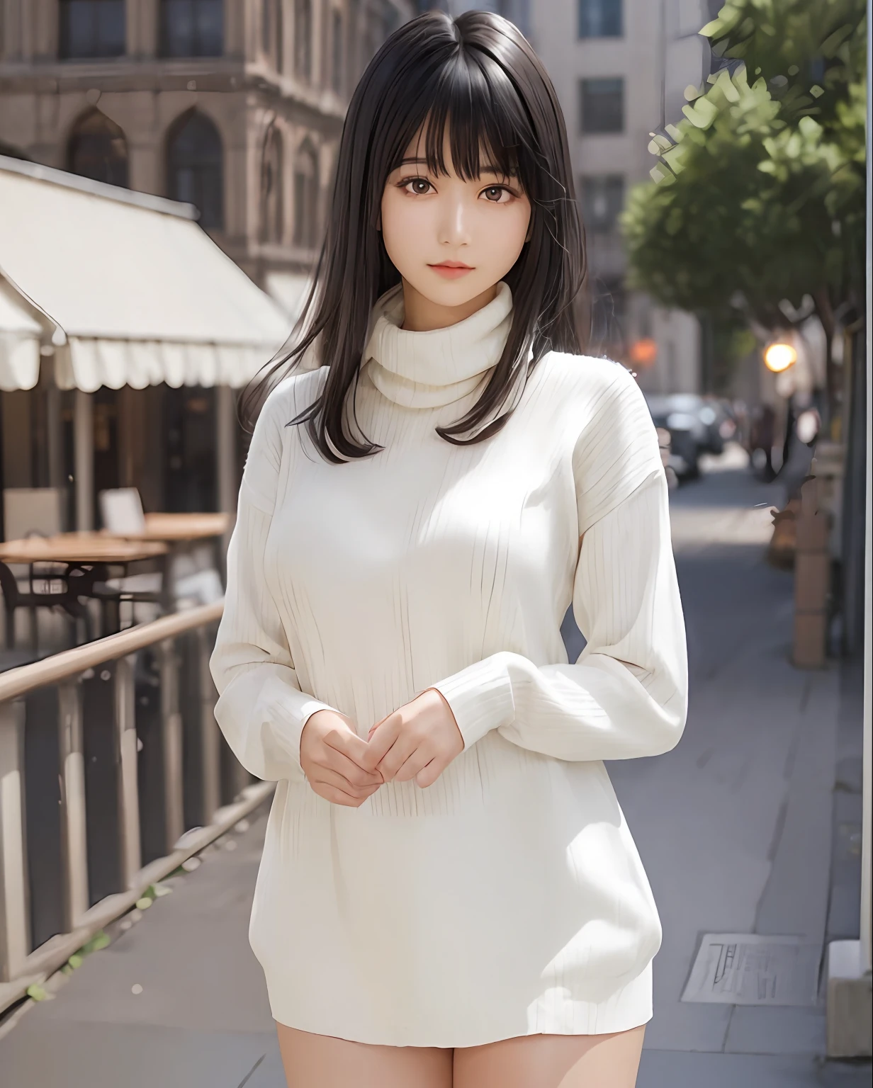 pureerosface_v1, best quality, photorealistic, 8k, high res, 1girl, woman, (skindentation), (portrait:0.6), ((cityscapebackground:1.6, smallsize round breast, highneck sweater:1.5)), straight-looking at viewer:1.8, (1girl eyes looking at viewer:1.45, medium-length hair, blackhair, partedbangs:1.45), photorealistic, (bokeh),