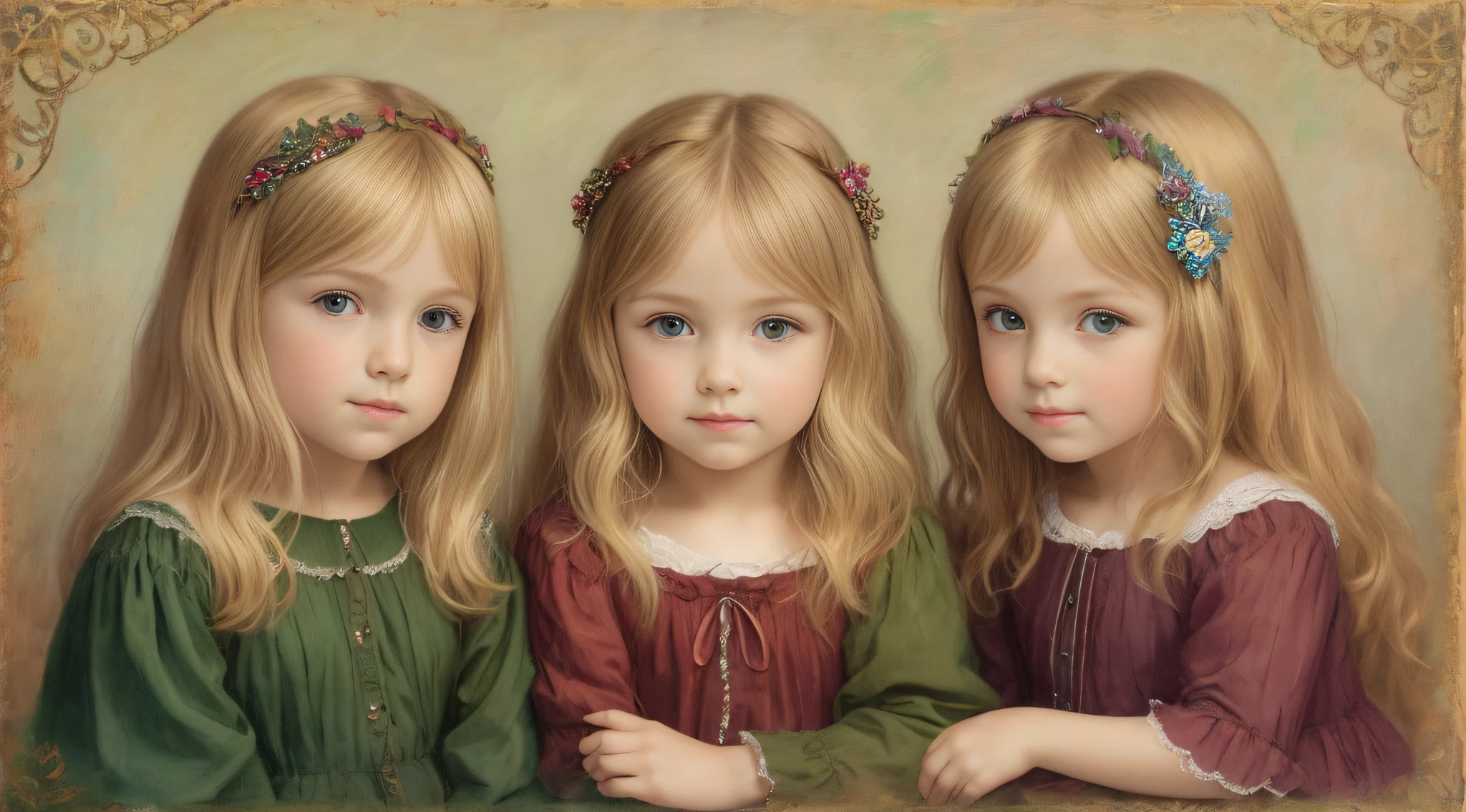 Um meio corpo, Portrait of 3 girls German children long blonde hair TRAIDS , jaquetas couro AMARELAS, COM VELAS ACESSAS.