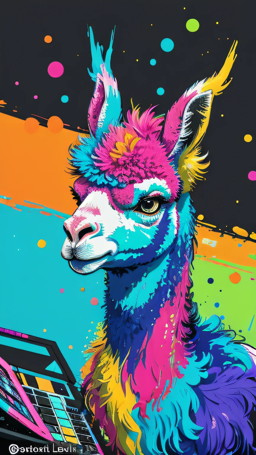 extreme quality, cg, detailed face+eyes, (bright colors), splashes of color background, colors mashing, paint splatter, complimentary colors, electric, neon, llama, programmer, laptop impatient, (limited palette), masterpiece, fine art, upperbody