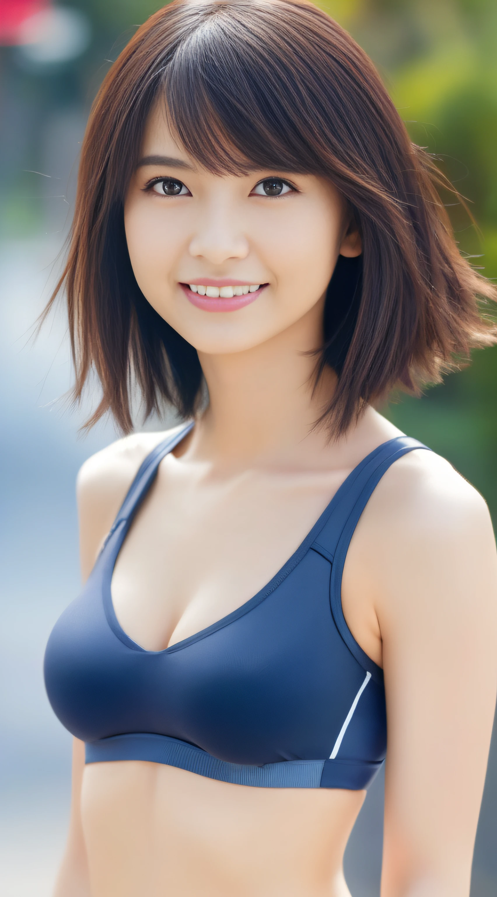 (Highest image quality, Highest image quality, 超A high resolution), (Raw photo, Realism: 1.4), (flat chest, Small breasts: 1.5), ((Small breasts)), ((Small breasts)), Ultra-high-definition beautiful skin, Super detailed and beautiful face, ((Best Quality, 8K, masutepiece: 1.3)), Sharp Focus: 1.2, thighs thighs thighs thighs, Perfect pretty woman: 1.4, Slender Abs: 1.2, AKB One Girl, Look back, (Layered Haircut, Big: 1.8) , (Sports Bra: 2.0), (Jogging: 1.8), (Street: 1.2), Realistic, Human, Highly detailed face and skin textures, Detailed eyes, Double eyelids, Smile, Bokeh
