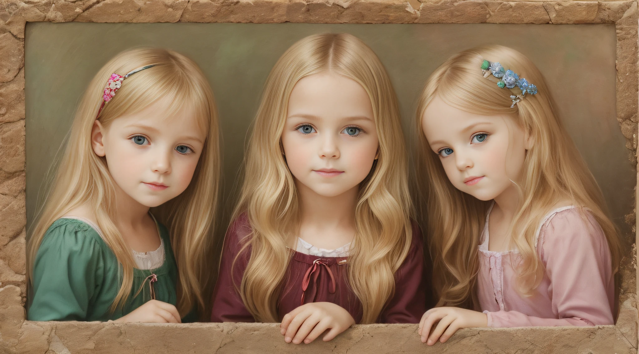 Um meio corpo, Portrait of 3 girls German children long blonde hair TRAIDS , jaquetas couro AMARELAS, COM VELAS ACESSAS.