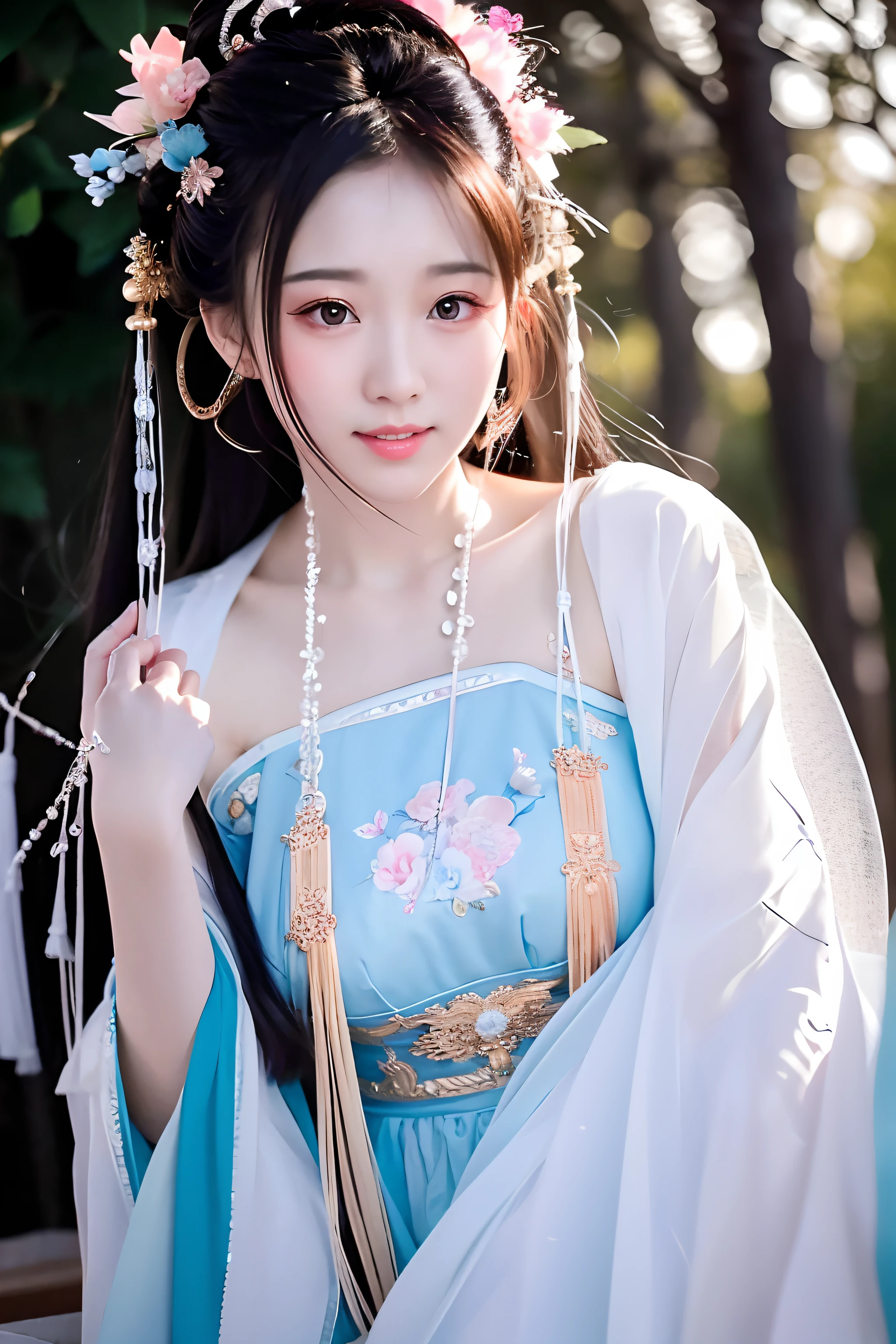 ulzzang-6500-v1.1, (raw photo: 1.2), (photorealistic: 1.4)) best quality, beautiful, beautiful, beautiful, extremely detailed, CG, unity,8k amazing wallpaper, beautiful detail, masterpiece, best quality, official art, very detailed CG unity 8k wallpaper, ridiculous, unbelievably ridiculous, huge file size, super detailed, high resolution, very detailed, beautiful detailed girl, very detailed eyes and face, beautiful detailed eyes, movie lighting, 1 girl, perspective, looking at the audience, full body, full body photo, outdoors, hands behind your back, (Hanfu)