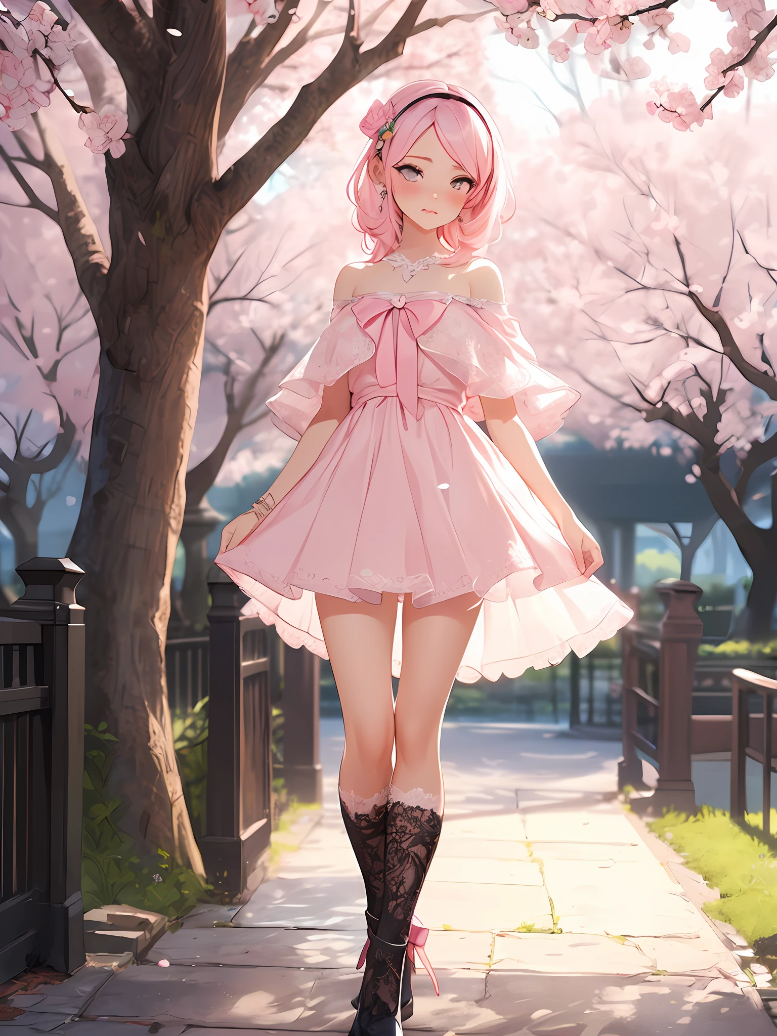 (Artwork of exceptional craftsmanship),(Detailed illustrations,(Very ideal anatomy),Very detailed and detailed drawing,Delicate lines with slow and rapid,(Realistic texture expression)),[Color tressed main line],[park background],(HENTAI anime JapaneseGirl (Pretty) 14 years old Skinny) Light pink hair ((magical little girl)),([cherry blossom] Headbands with floral ornaments) Low-rise shorts (Short cape (off shoulders:0.6) [Lace Ruffled Ribbon]) [Laced boots:0.8],[Silk Fabric:0.8],Transparency [Soft ambient light:0.6] gravure [Colorful],(Perfectly proportioned),(Fine and beautiful skin expression [realistic skin detail]),[Design built to the highest level,[Advanced structural understanding of materials],Ideal color coordination],(Intricate and beautiful decoration [Dense detail]),(More on shiny hair),[Perfect hand details [Beautiful Finger]],(Beautiful perfect face [Realistic face details]),[Clear gaze],[long and beautiful eyelashes],[Perfect eye details (Eyes beautifully drawn down to the smallest detail)],(detaileds,high-detail),([Precision Detail],[multi-layer texture],HighQuality,hight resolution),[(Accurate simulation of light-material interactions),Understanding Airflow,Mechanically correct representation],[Visual art that conveys a sense of narrative] [Full body like],[[Desaturation]].