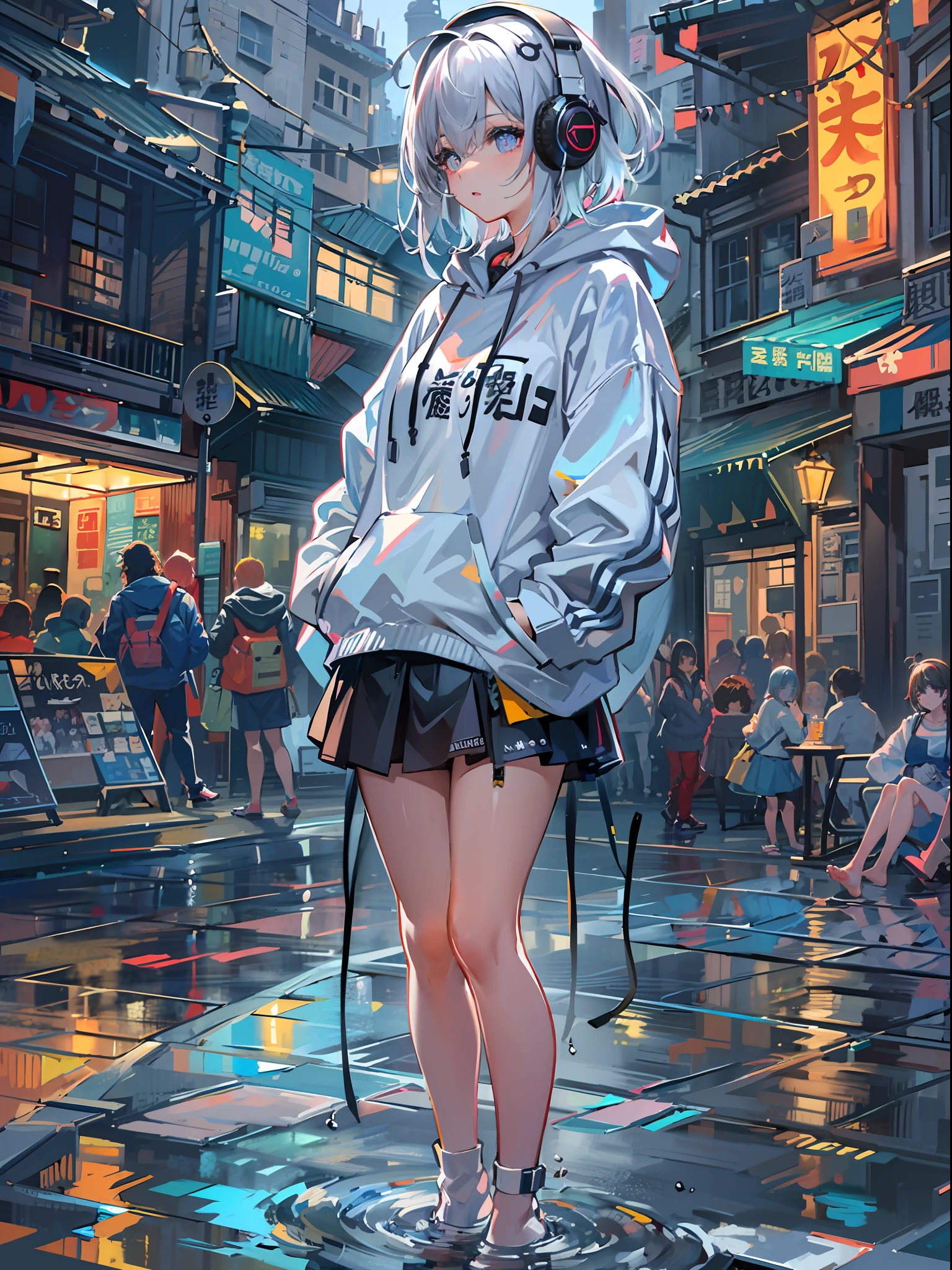 8K分辨率、((top-quality))、((masterpiece))、((ultra-detailliert))、1 woman、独奏、incredibly absurdness、Oversized hoodies、headphones、Street、plein air、Sateen、neons、Shortcut Hair、Brightly colored eyes、Hands in pockets、a miniskirt、water dripping