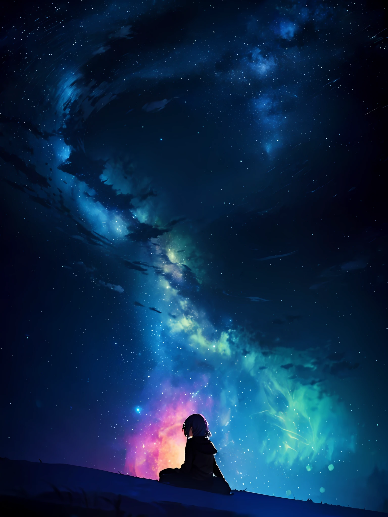 Kizi, Clouds, Colorful, mizore, tmasterpiece, Sat down, From the side Side, (Side Body), ssmile, starrysky, Lots of stars,A spinning river of stars,Dazzle