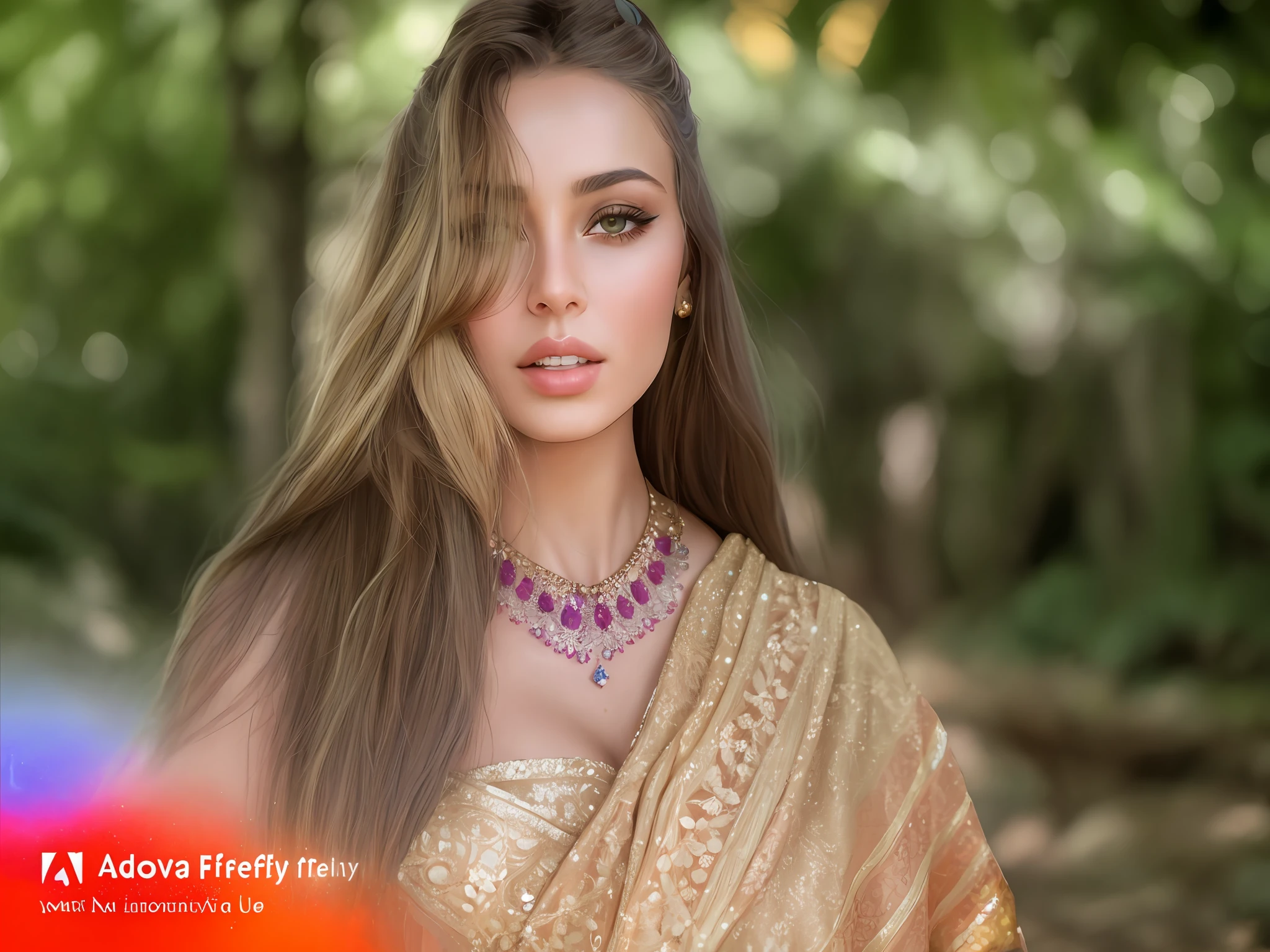 arafed woman in a sari posing for a picture in a forest, with beautiful exotic, anna nikonova aka newmilky, karol bak uhd, anton fadeev 8 k, beautiful young ornella muti, portrait sophie mudd, lovely bohemian princess, very beautiful elven top model, traditional beauty, captured on canon eos r 6, very pretty model