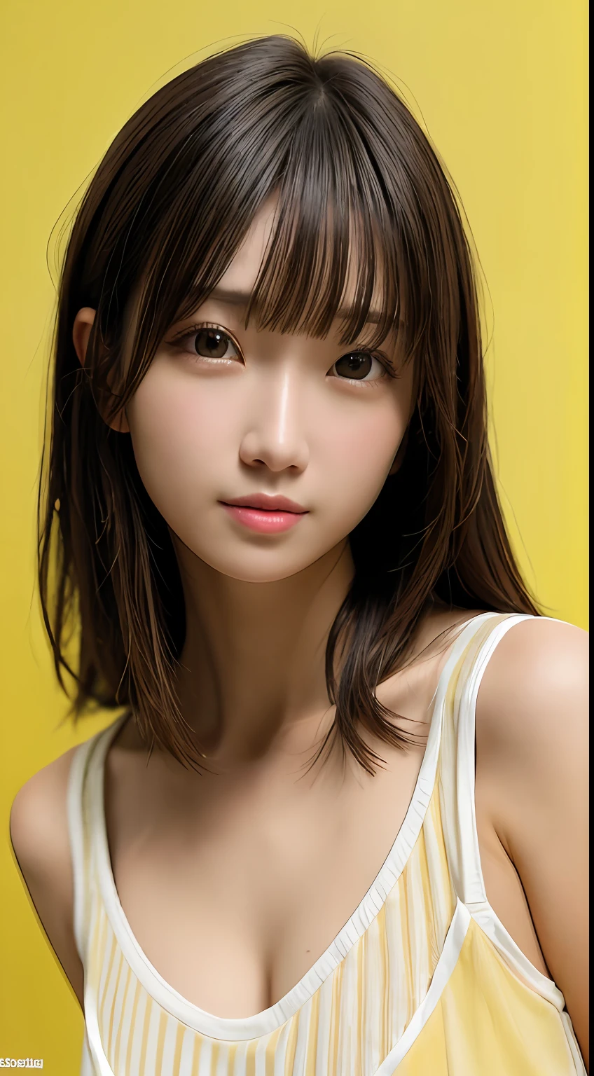 masterpiece, best quality, 8k, absurdres, (upper body:1.4), white shirt, beautiful girl, pretty face, looking at viewer, smile, ultra realistic, highres, photography, film grain, chromatic aberration, sharp focus, HDR, facelight, dynamic lighting, cinematic lighting, professional shadow, simple background, (dull yellow background:1.4), highest detailed, extreme detailed, ultra detailed, finely detail, real skin, delicate facial features, detailed face and eyes, sharp pupils, realistic pupils, (korean, japanese, chinese:0.3)