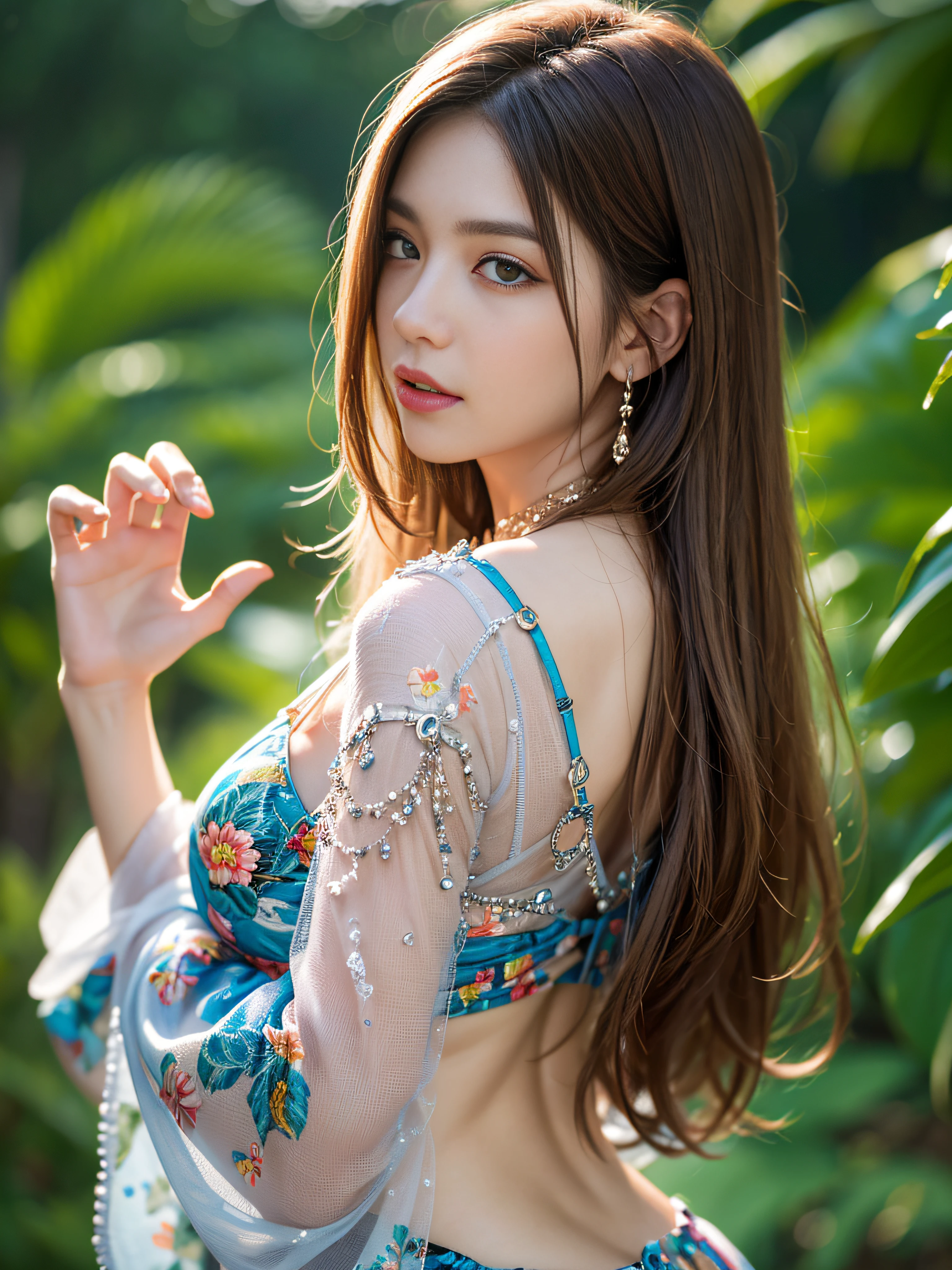 ((Realistic lighting、top-quality、8K、masterpiece:1.3))、Clear focus:1.2、nsfw:1.2,(nudde:1.2)、((realisitic)) , ((Real Light、top-quality))、Model body type:1.4、(dark brown hair、tits out:1.2)、length hair、Turned、Backshots:1.2、Tropical Forest、(25-years old:1.3)、hyperdetailed face、A detailed eye、二重まぶた、a necklace、Bracelet、Hair over one eye、high-heels、eye line、