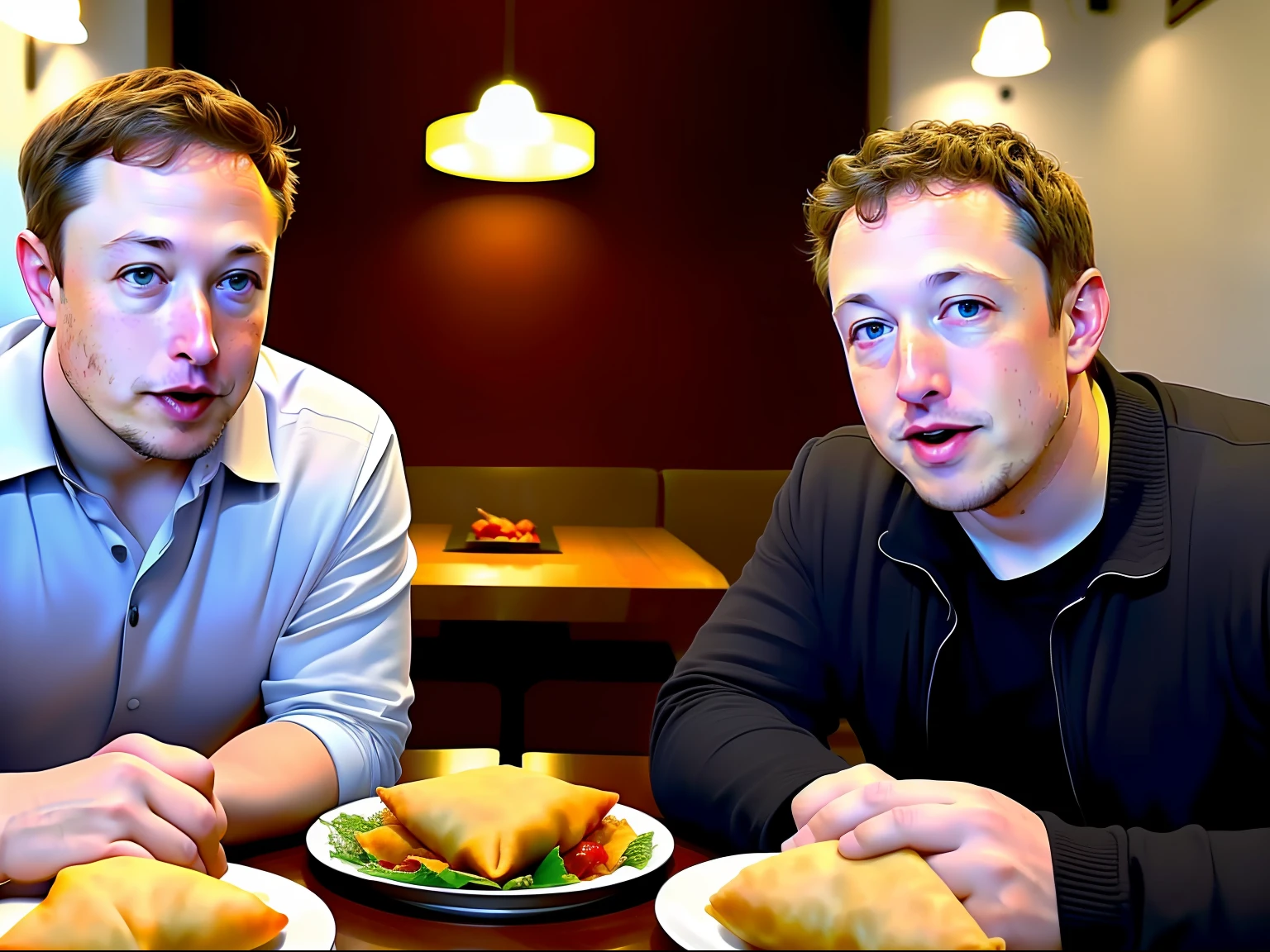 Vista de primer plano media, Foto detallada de Elon Musk y Mark Zuckerberg sentados juntos en la mesa y comiendo samosas, Tiro a nivel de cadera, Cara detallada, Foto realista, Hay un plato de samosas en la mesa, Dos hombres, Dos hombres sentados juntos a la mesa, Elon Musk y Mark Zuckerberg comiendo samosa, 8K resolution, a