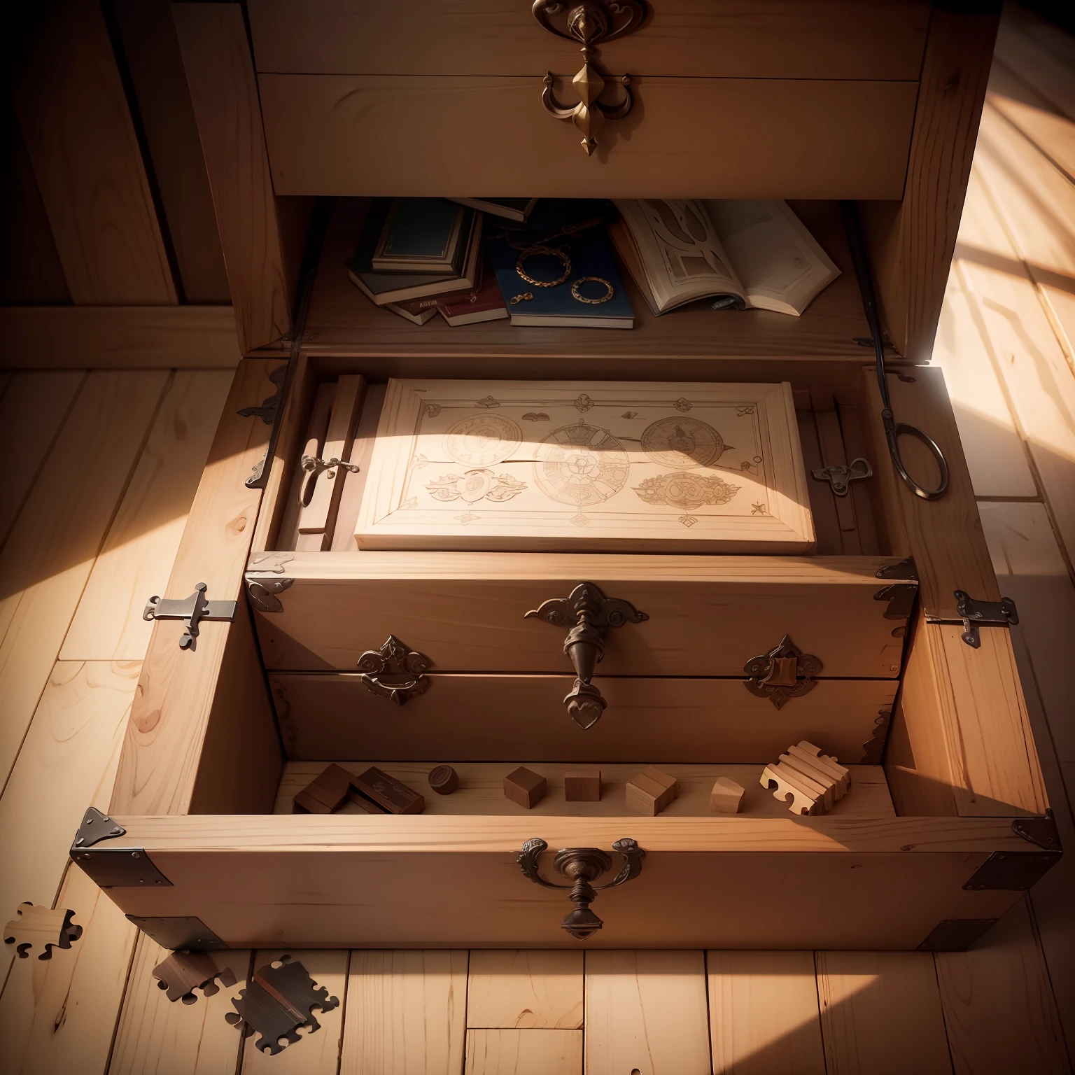 Wooden chest with puzzle drawings in the center of an empty, dark room, obra-prima, melhor qualidade, realista, fotorrealista, cinematic wonder, rosto detalhado, 8k, uhd, foco nítido