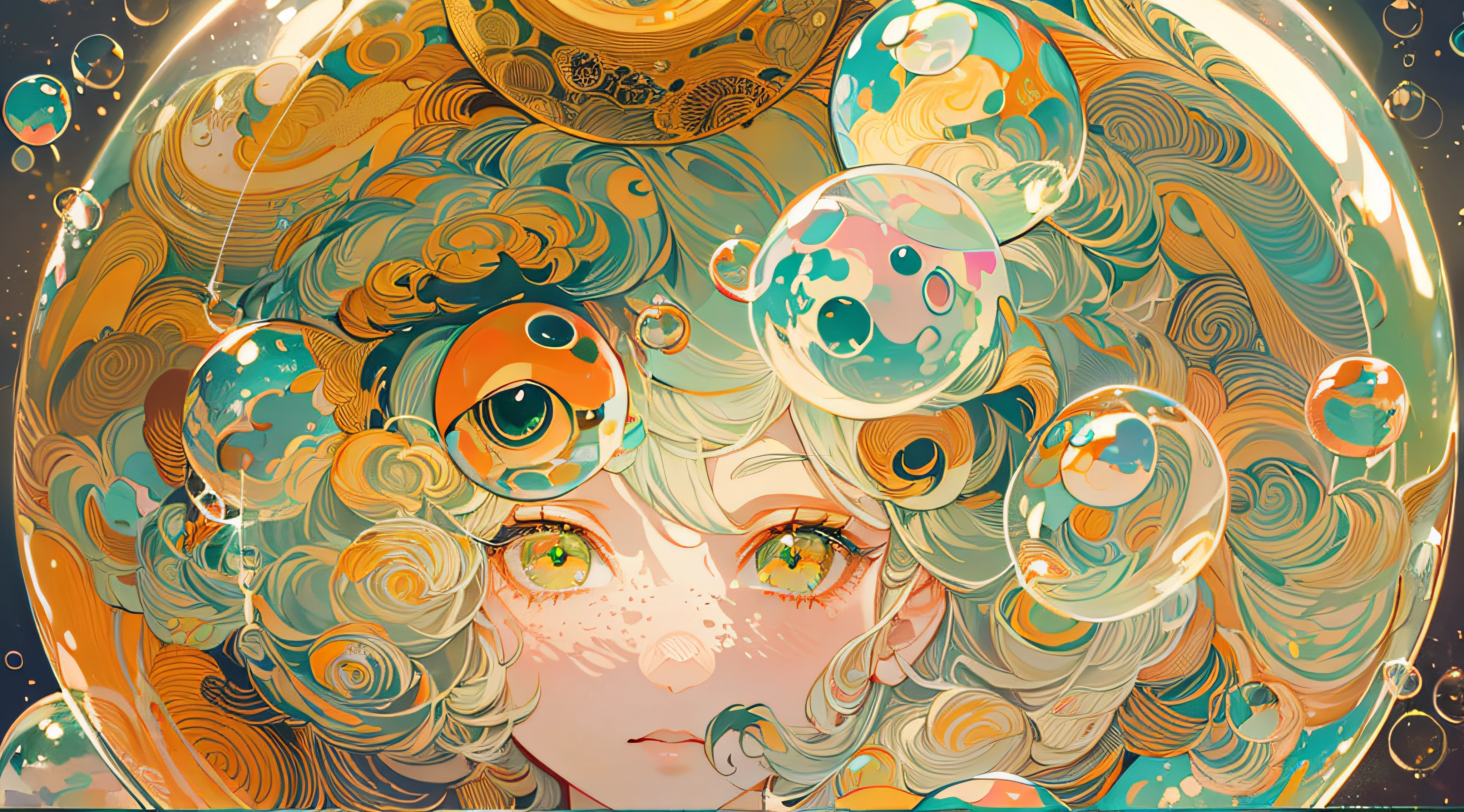 ((masutepiece)), ((Ultra-detailed)), ((Best Quality)), Beautiful detailed eyes, Detailed face, The best lighting, Best Shadows, 1girl in, Solo, ((classic Disney style, Rim lighting, flat 2d style, Disney 2d)), ((main color is orange and green)), huge bubbles, (girl inside of a bubble:1.5), bubble island, bubble land, world made out of bubbles, freckle, cold nose, (((Bubbles))), marbles, japanese-inspired, (Highly detailed), swirly effect,