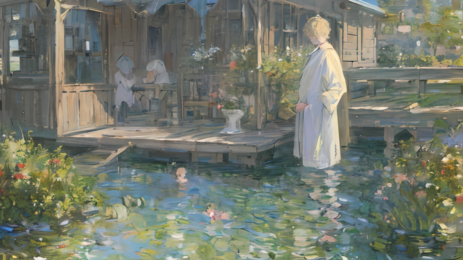 ((Masterpiece,Best quality,Detailed,Two boy，Walk in water，With his head bowed，Monet，wooden cabin)) 8K, cinematic ligh，Blonde hair，Exquisitely Detailed Skin，delicated face