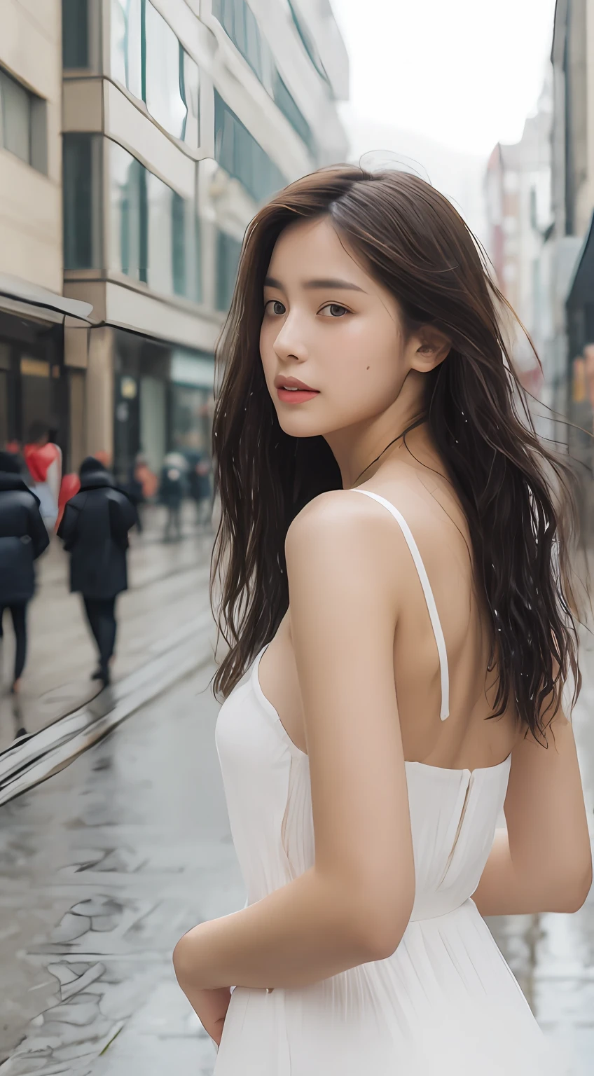 ((Best Quality, 8K, Masterpiece:1.3)), Focus: 1.2, Perfect Body Beauty: 1.4, Buttocks: 1.2, ((Layered Haircut, Breasts: 1.2)), (Wet Clothes: 1.1) , (Rain, Street:1.3), Bandeau Dress: 1.1, Highly Detailed Face and Skin Texture, Delicate Eyes, Double Eyelids, Whitened Skin, Long Hair