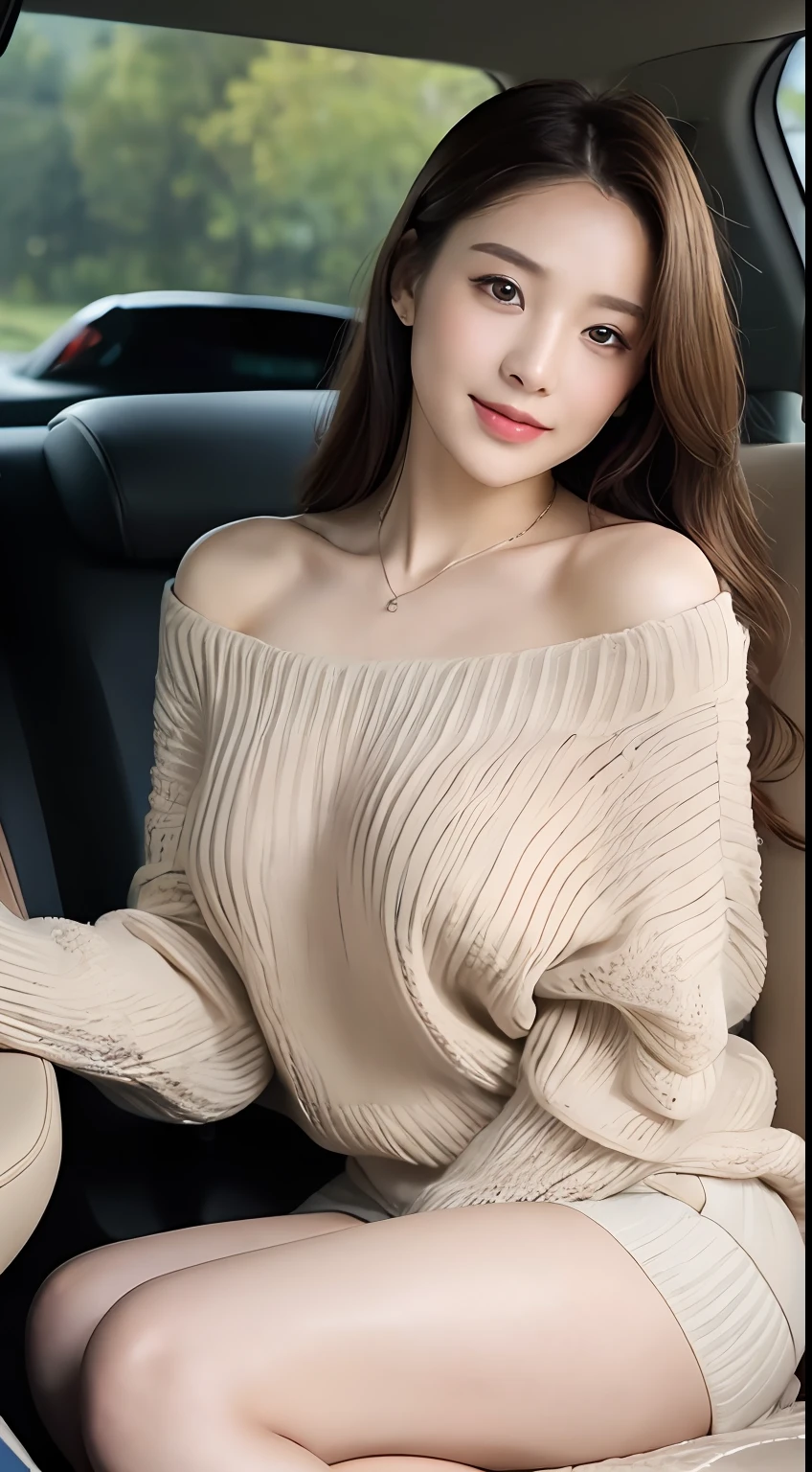 ((Best Quality, 8k, Masterpiece:1.3)), Focus:1.2, Perfect Body Beauty:1.4, Buttocks:1.2, ((Delicate Hair)), (Sweater Dress:1.1) , (Sports car, street: 1.2), Highly detailed face and skin texture, Detailed eyes, Double eyelids, whitening skin, Big breasts, smile, wearing necklaces, rings, people sitting in cars with their buttocks up, lesbian