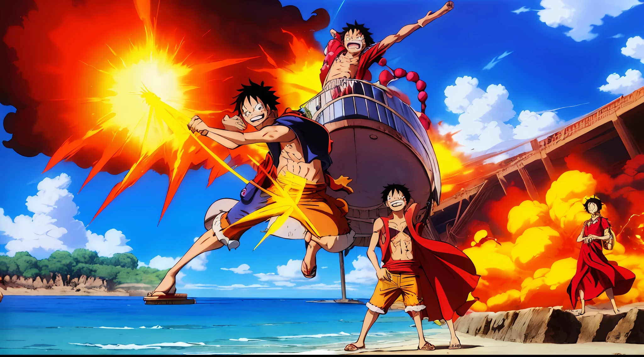 a group of anime characters standing in front of a huge explosion, one piece artstyle, one piece, one piece ship sailing, one piece style, inspired by Eiichiro Oda, luffy (one piece, luffy, from one piece, anime key art, monkey d luffy, hq artwork, eiichiro oda style, official anime artwork, monkey d. luffy