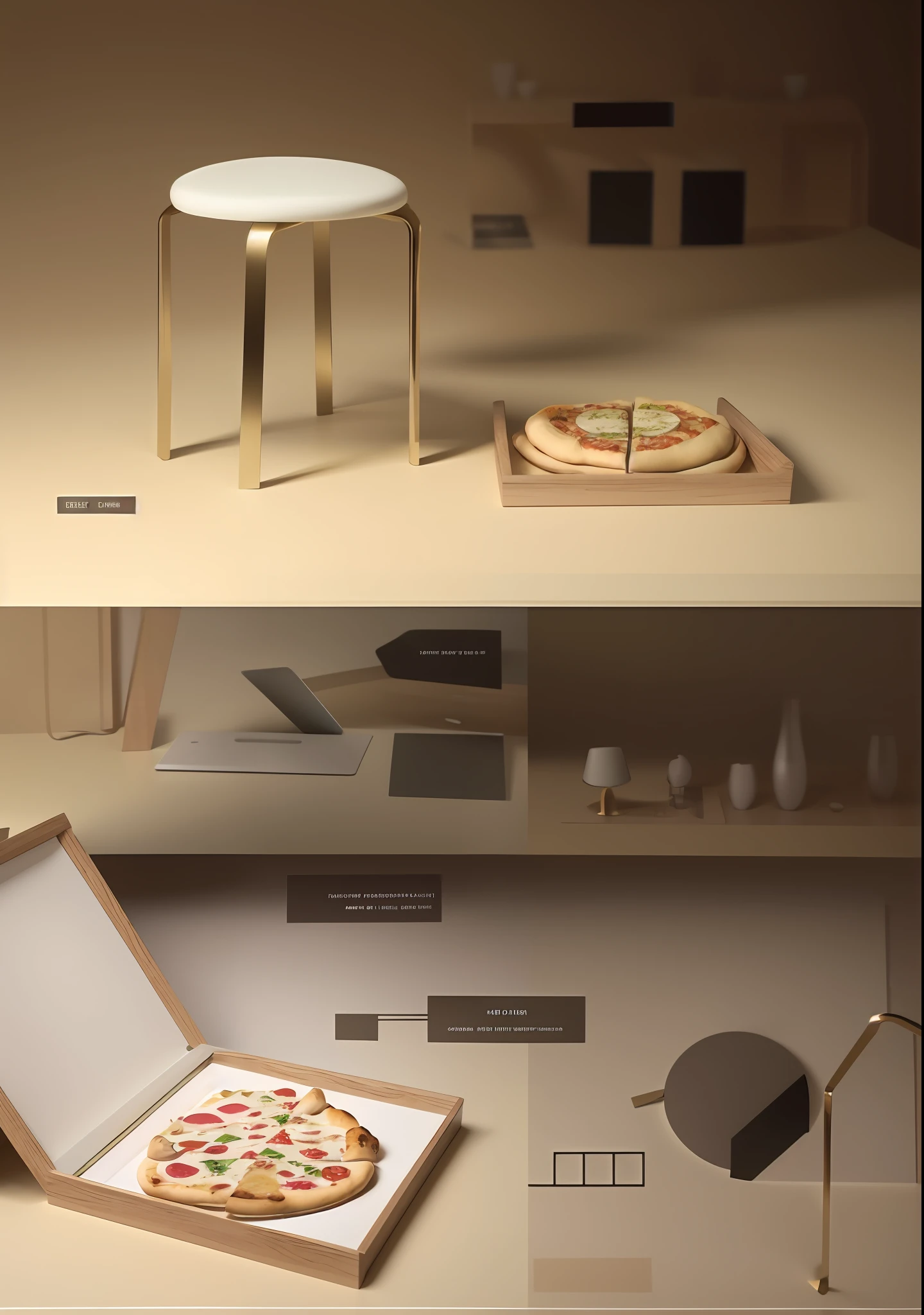 Close-up of a table，Pizza inside, furniture design, furniture design sheet, product design render, furniture concept photo!!, realistic rendering for stool, product design concept, product introduction photos, product design shot, Product rendering, Product design, Object design, 3d product, 3D design, 3d design, extremely detailed furnitures