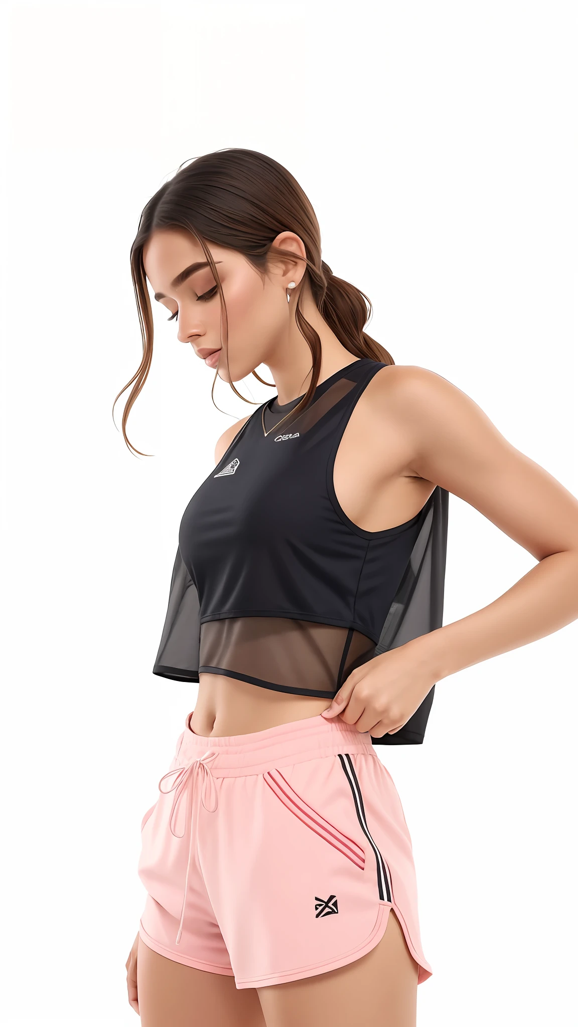 uma mulher de top preto e shorts curto rosa posando para uma foto, usando uma regata preta cropped, usando uma regata cropped preta, usando um top cropped sexy, topo de corte, Topo de colheita, camisa de malha, usando um top cropped, usando topo de corte, usando um top cropped, usando um topo de corte, two piece workout clothes, Bralette, sport bra and shirt