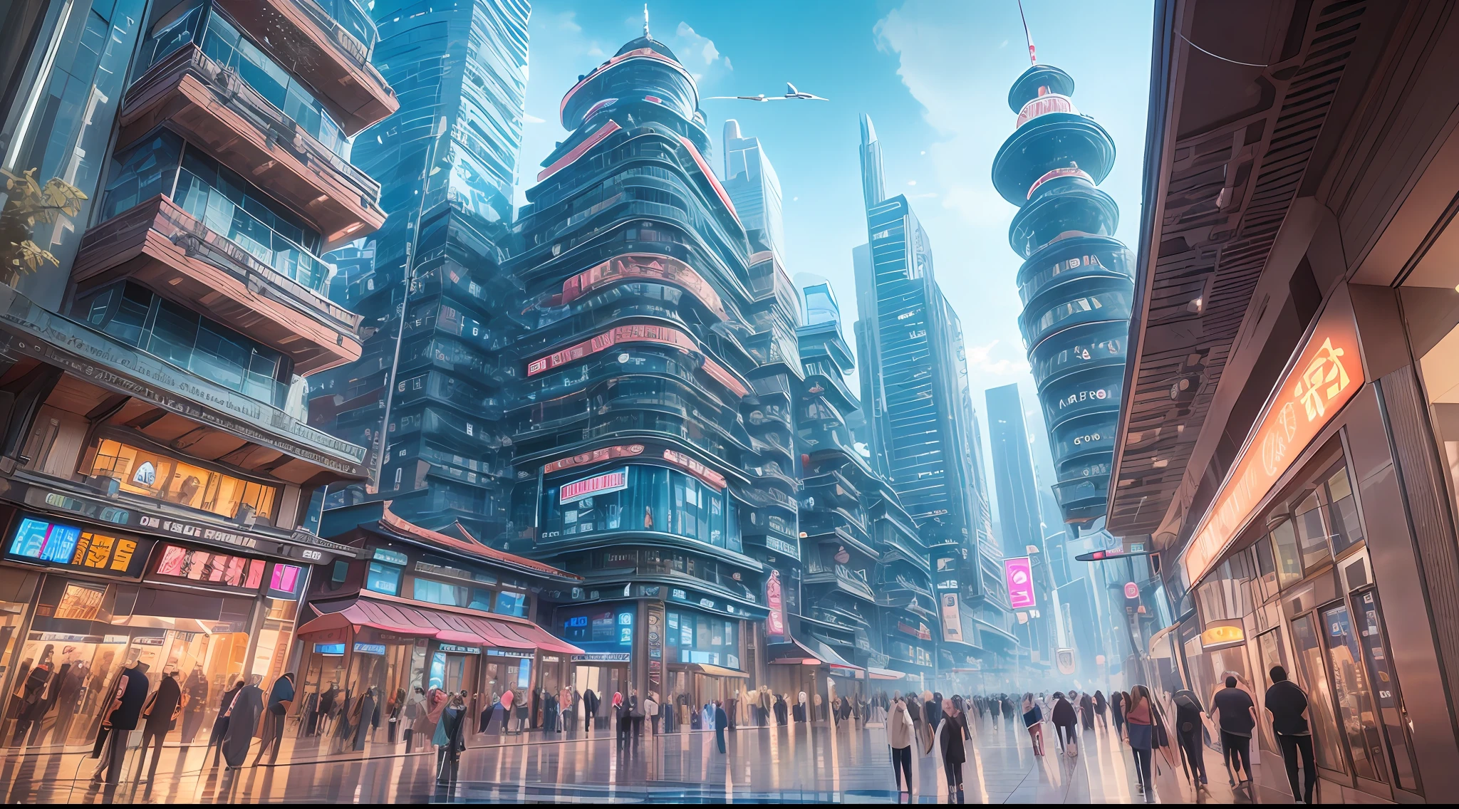 （best qualtiy：1.2），Several people stood in front of the store，（（droid，robot）），Beautiful cyberpunk art，pixiv trending，Dreamy realism，Guweiz e Makoto Shinkai，Chongqing，Mimi Sagi and Makoto Shinkai，Ross Tran和Makoto Shinkai，Guweiz-style artwork，Works of art of the future、Magnificent Chinese-style architecture、Simple mall，A simple skyscraper in the distance