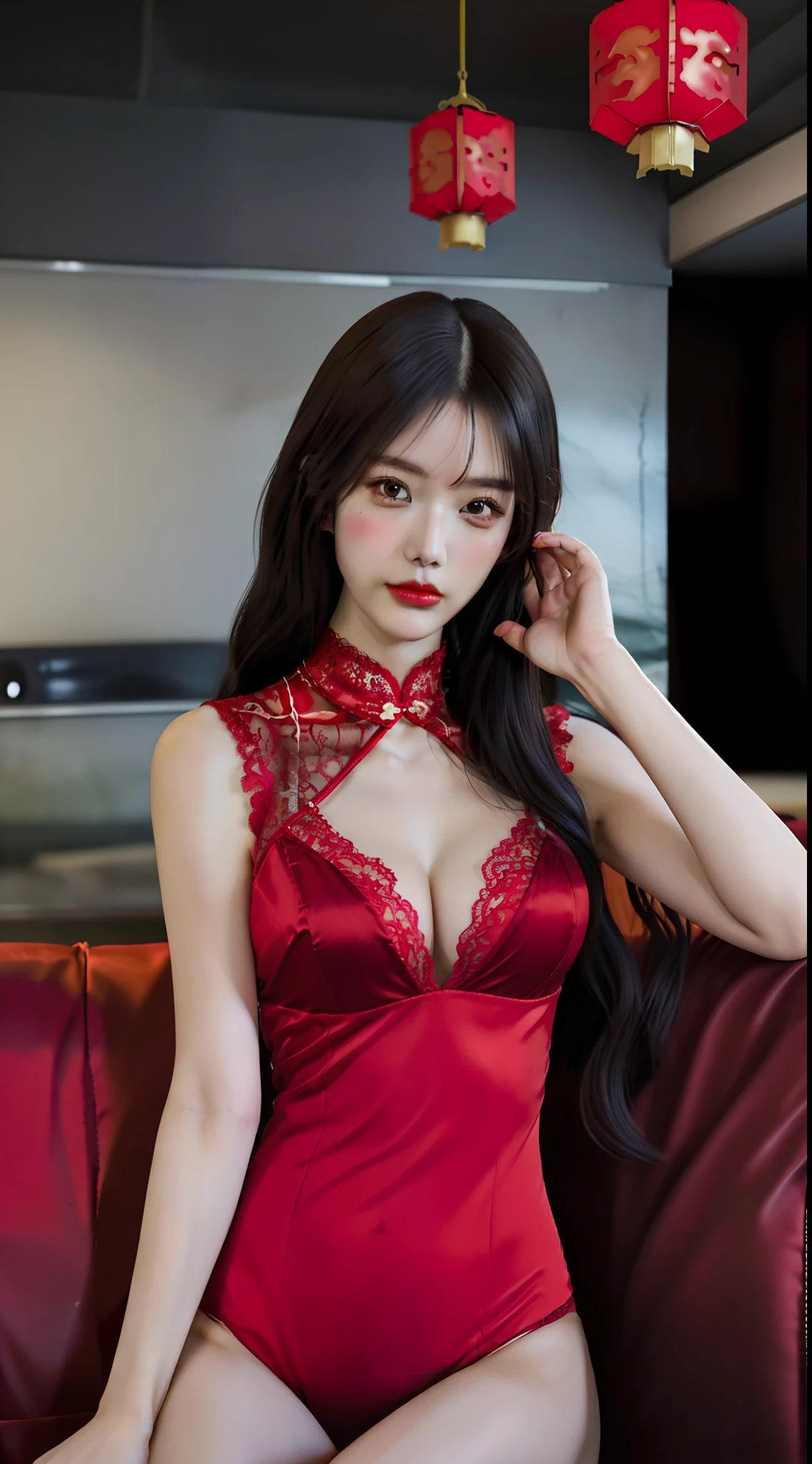 Wear red sex tights，Red erotic panty woman sitting on red sofa, Red lace, Wearing a red cheongsam, Cheongsam, gorgeous chinese models, Chinese girl, spellbinding，spellbinding, lingeries beauty, sexy red dress, 🔥 😎 🕹️ 👀 :2, Sexy :8, Oriental fantasy, full-body xianxia, Wearing sexy lingerie，torn laundry，delicated face