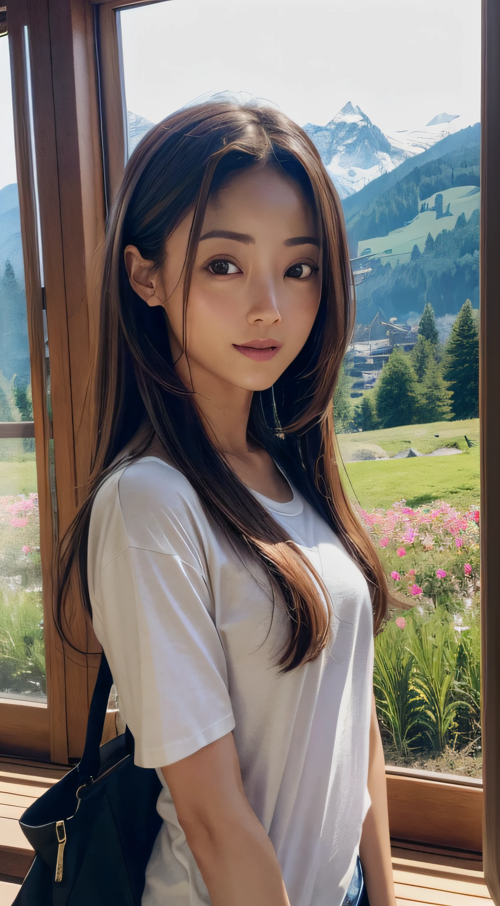 doress、(Photorealsitic:1.4)、(hyper realisitic:1.4)、(realisitic:1.3)、(Smooth lighting:1.05)、(Improved lighting quality in movies:0.9)、32K、1girl in、20 years girl、Realistic lighting、Back lighting、Facial light、raytrace、(brightened light:1.2)、(enhanced quality:1.4)、(Top quality real texture skins:1.4)、finely eye、finerly detailed face、Fine quality eye、(Tired, sleepy and satisfied:0.0)、 close up of face、tshirts、(enhance body line mood:1.1)、(Increase the beauty of skin texture:1.1)、((Aya Ueto))、Switzerland、lake、the Alps、flower  field、A smile