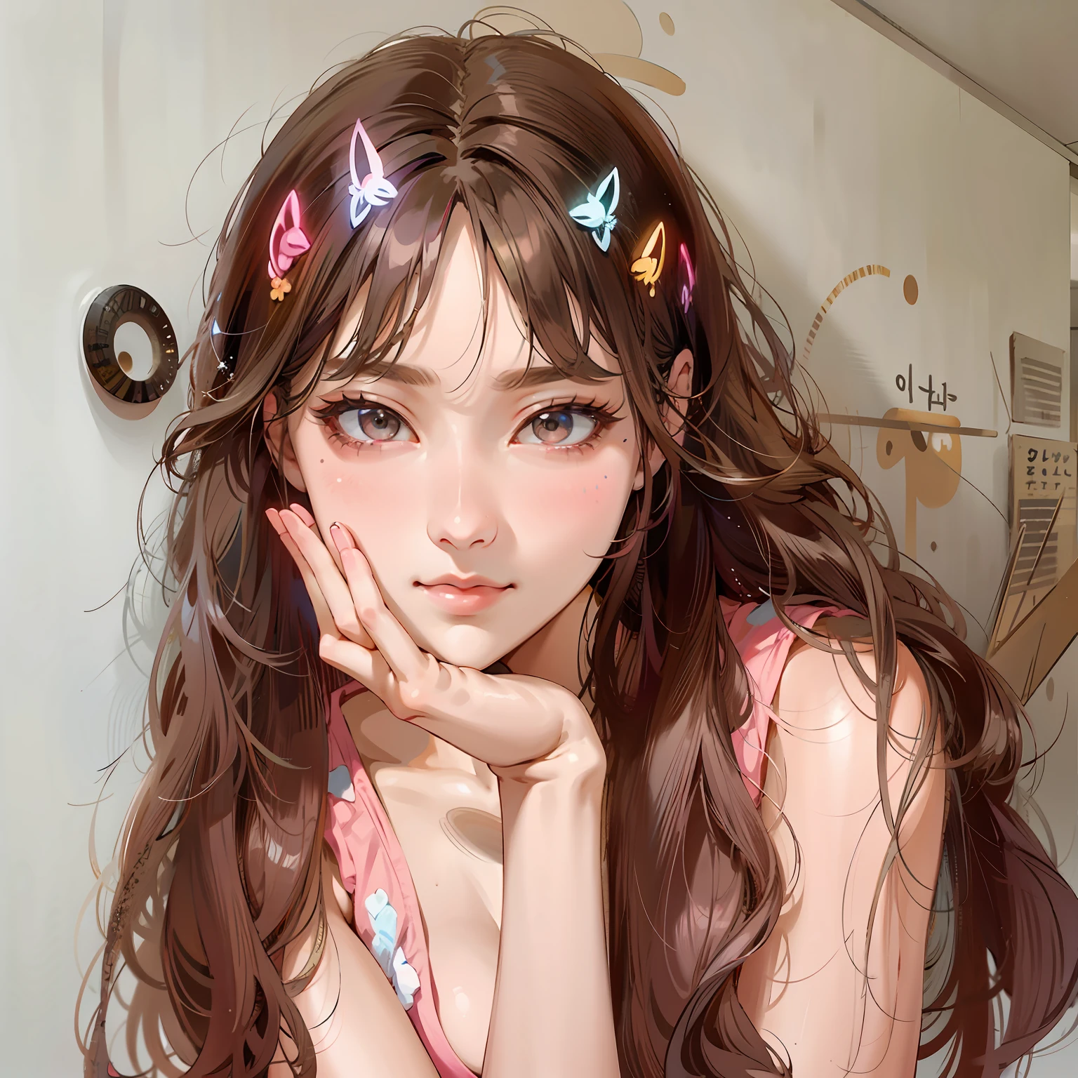 （Cute anime two-dimensional style），Arapei girl with long brown hair，Wearing pink bikinis and colorful hairpins, ulzzangs, aesthetic cute with flutter, kawaii hair style, kawaii hair style, cute colorful adorable, Korean girl, popular korean makeup, young and cute girl, sakimichan, lalisa manobal, Popular Korean makeup, brown  hair，By bangs