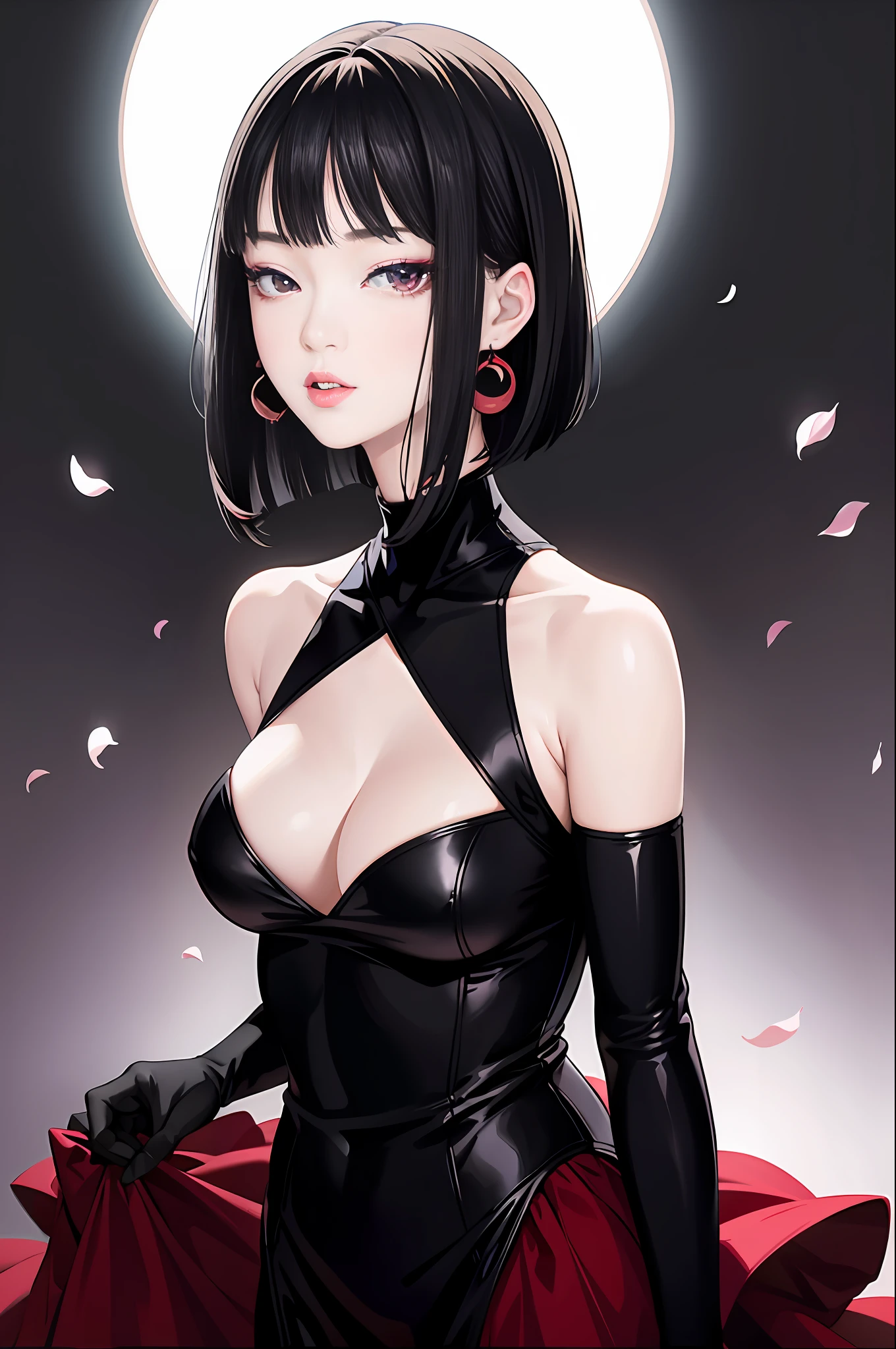 tsuruta ichiro, Narrow-eyed, 1girl in, Allback、short-hair、shorth hair、brow、Reluctance、A dark-haired、Tucked Hair Solo, Cowgirl, Onepiece, ((mideum breasts)), Thin slit eyes、Black eyes, Light shines on the eyes、Black hair, gloves, Dress, Luxurious Jewelry, earrings, sharp eye、 elbow groves,Raise your hands and tie your hair back, random color, random color dress, Makeup for long eyes, Slender eyes、lip stick, Complex petal pattern, Rim Light, Back Light, pastel color,Studio Lighting