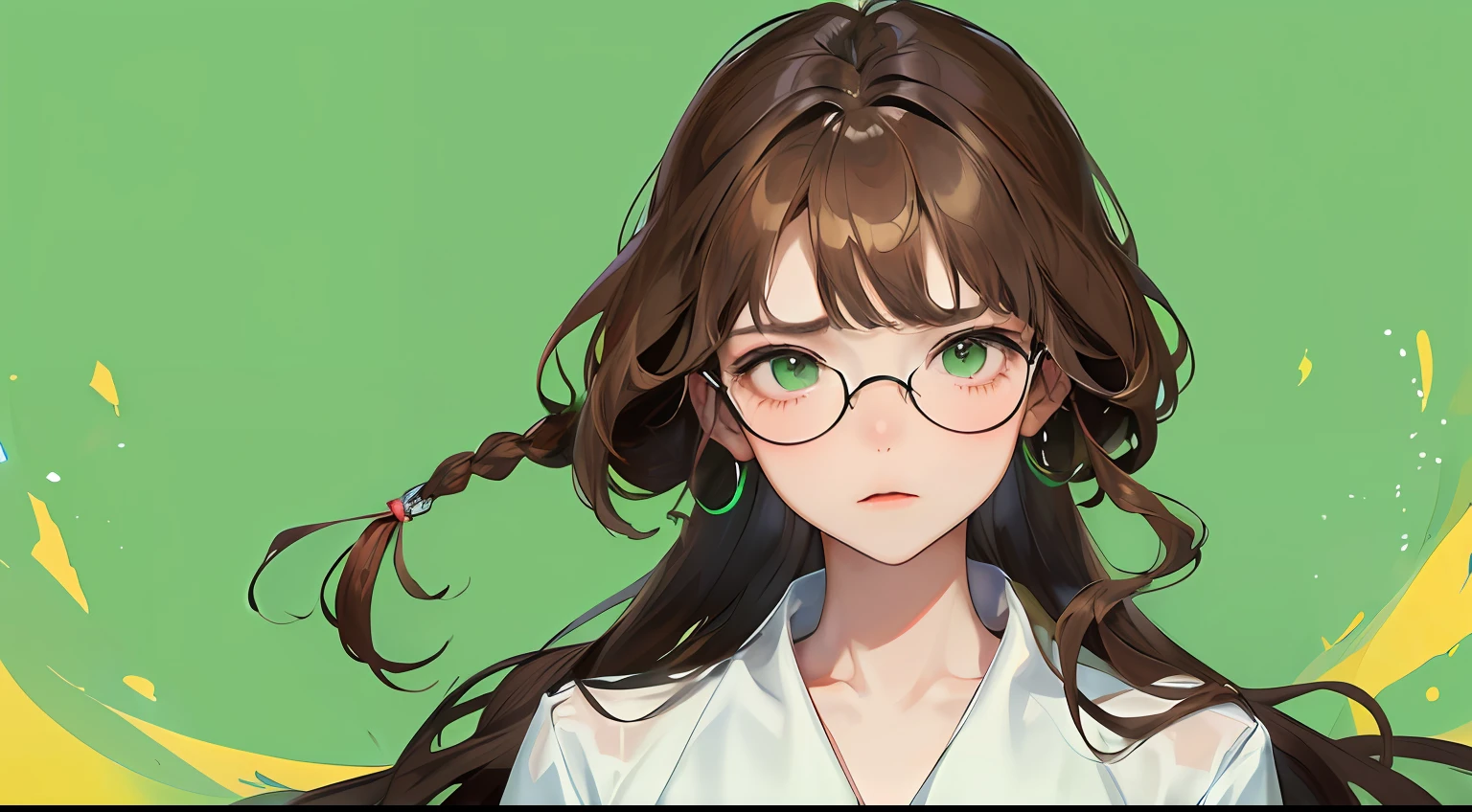 (((1人の女性)))、(Top resolution、Distinct_image) best qualtiy、(Embarrassed look)、​masterpiece、ighly detailed、、eye glass、Semi-realistic、Brown hair、Braided hairstyle、deadpan、bangss、21 years old、Mature、年轻、White blouse、Yellow-green background、delicated facial features、Facial features、mid-shot、